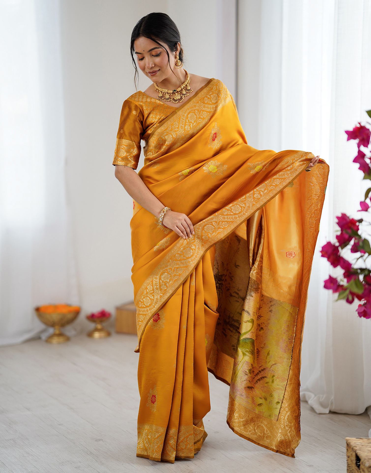 Yellow Silk Woven Saree