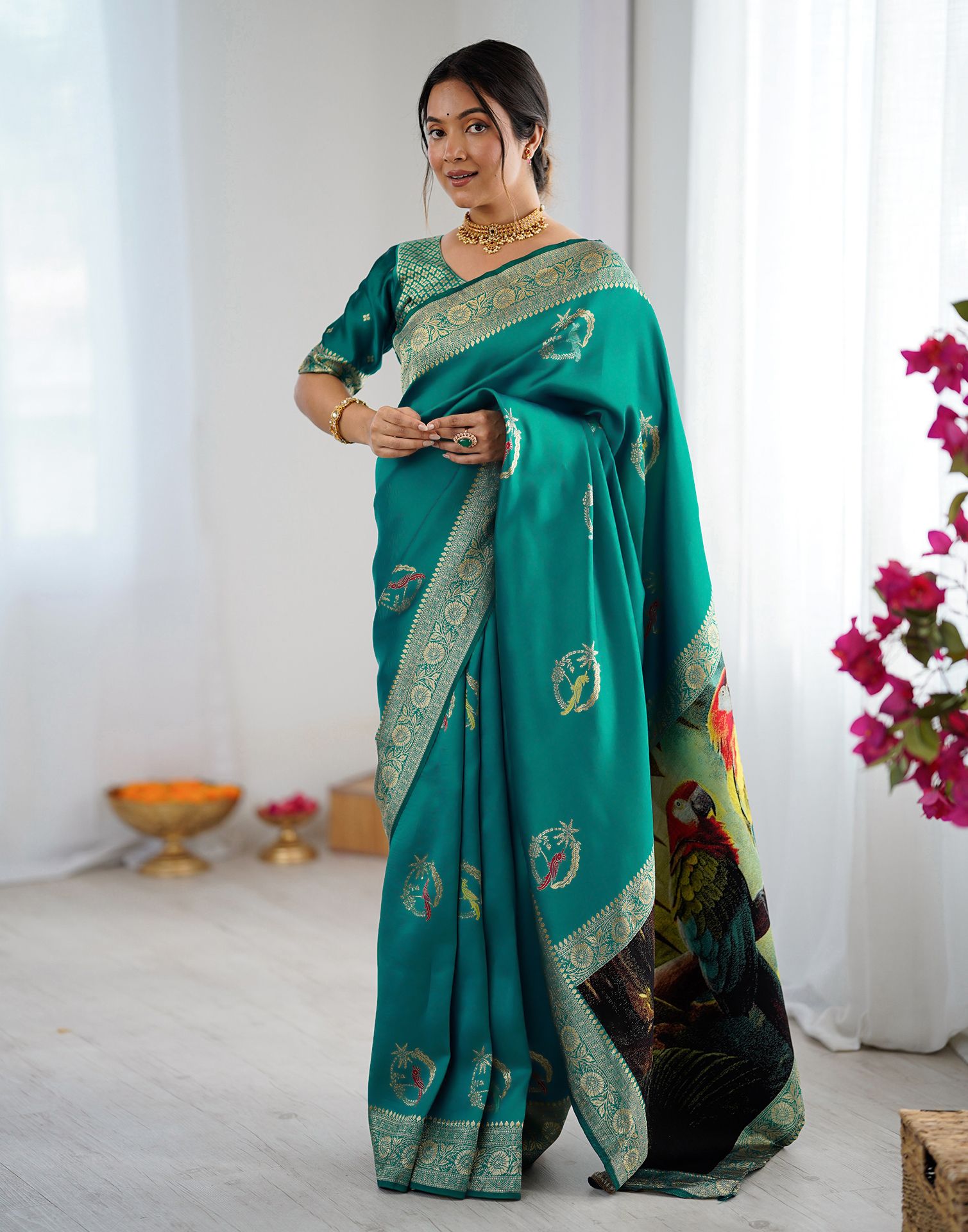 Teal Green Silk Woven Saree