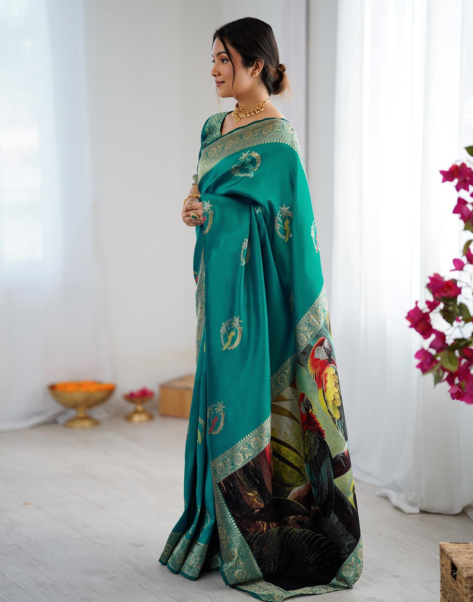 Teal Green Silk Woven Saree