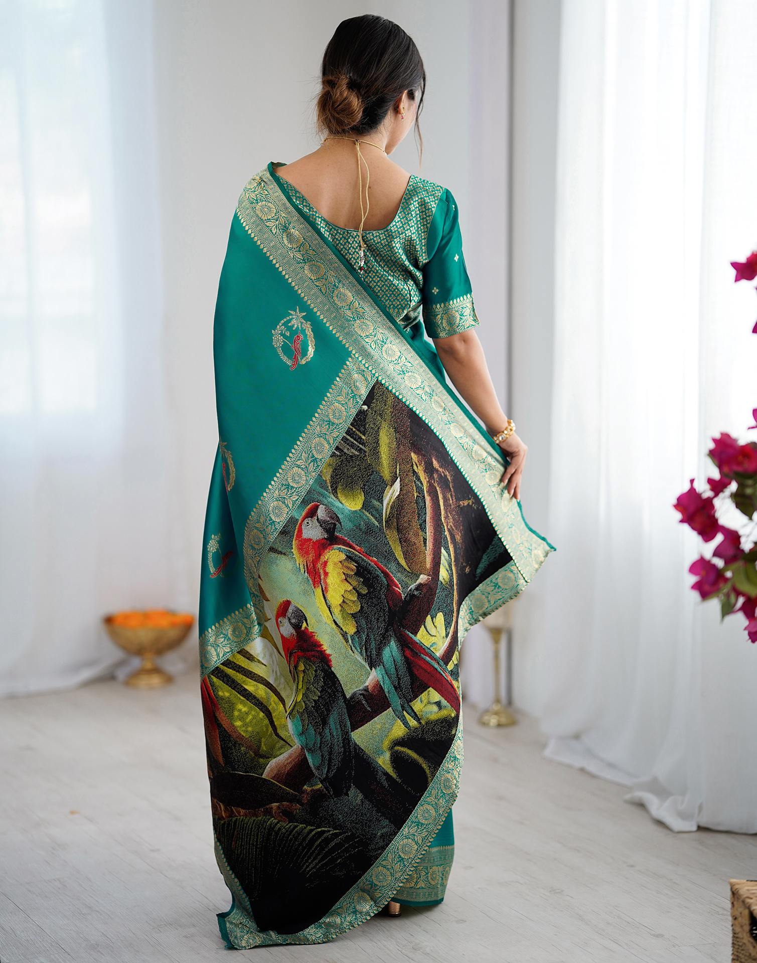 Teal Green Silk Woven Saree