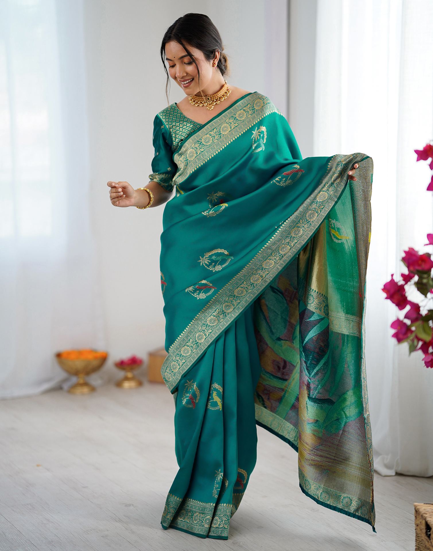 Teal Green Silk Woven Saree