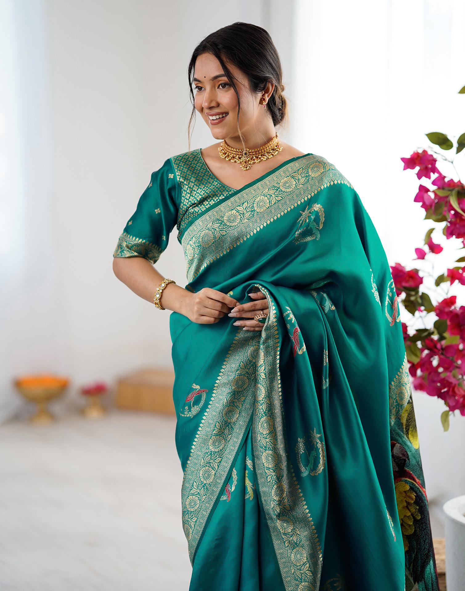 Teal Green Silk Woven Saree