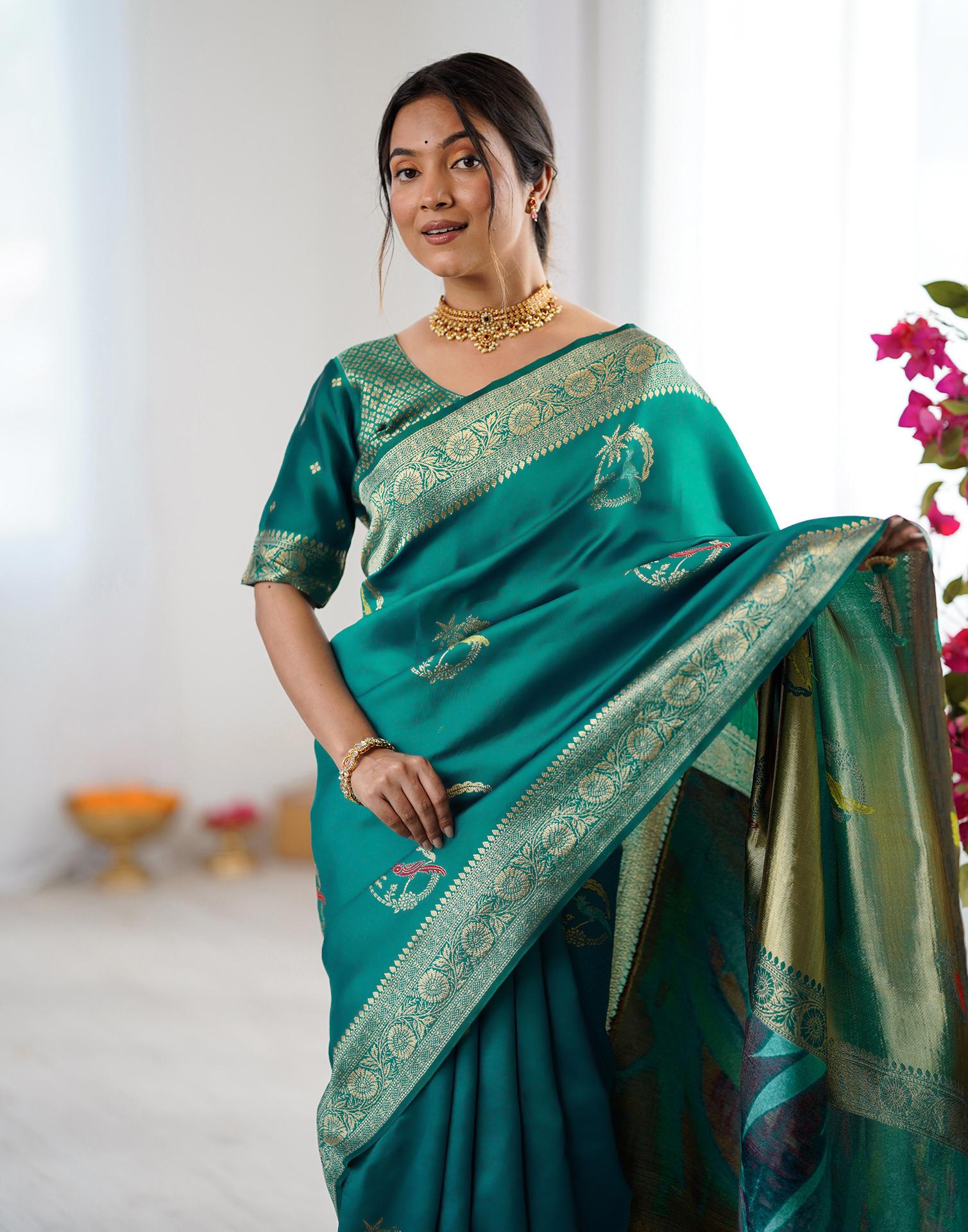 Teal Green Silk Woven Saree