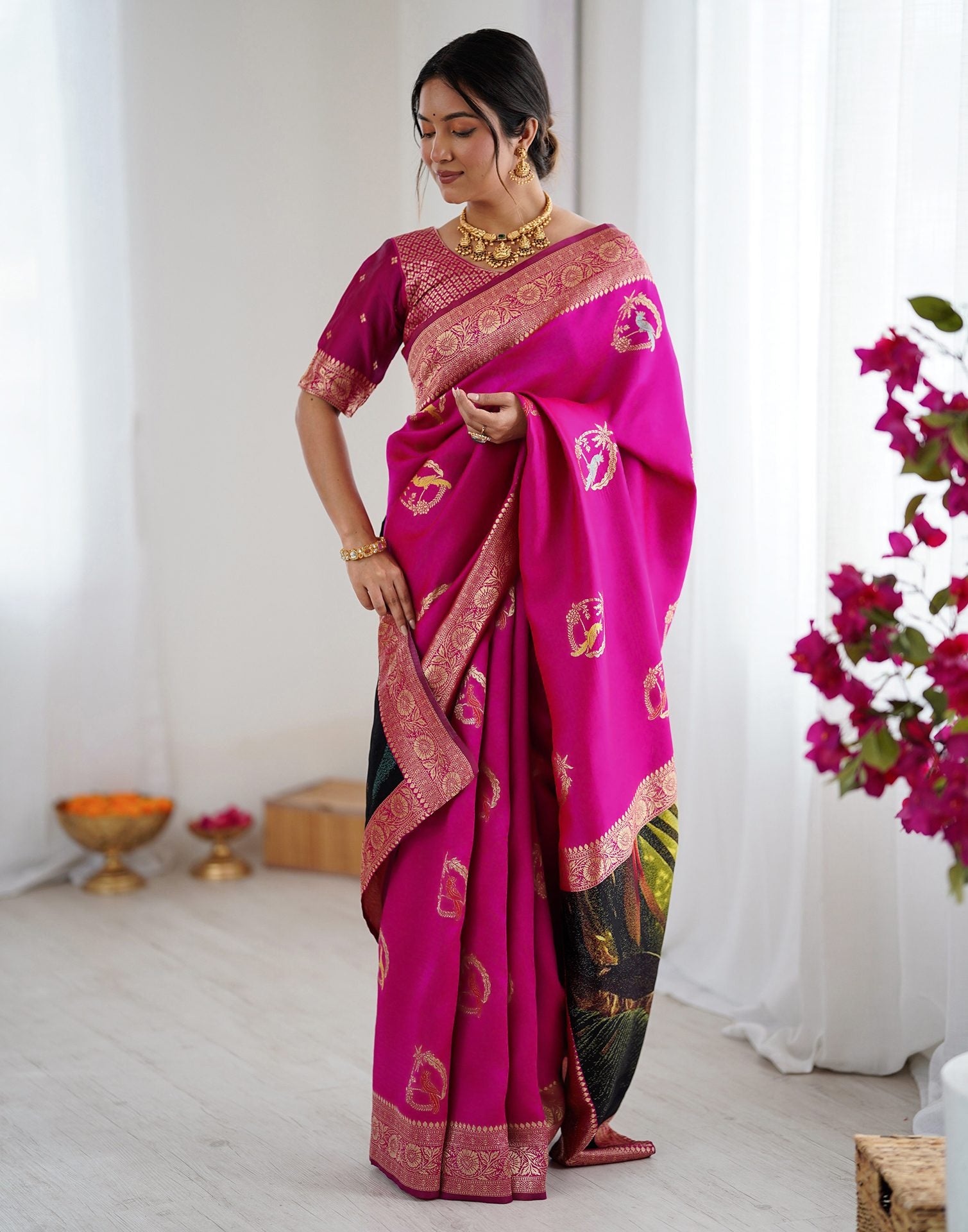 Dark Pink Silk Woven Saree