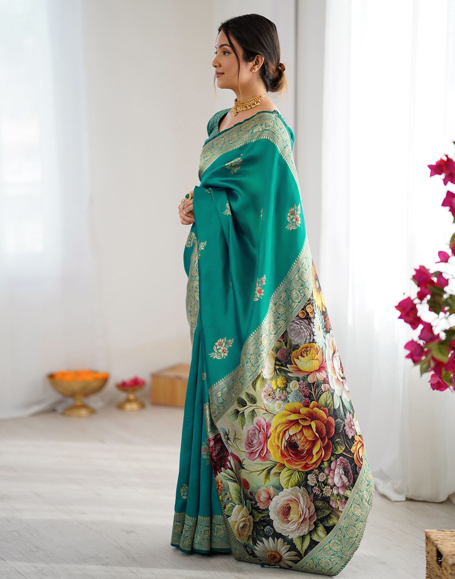 Teal Green Silk Woven Saree