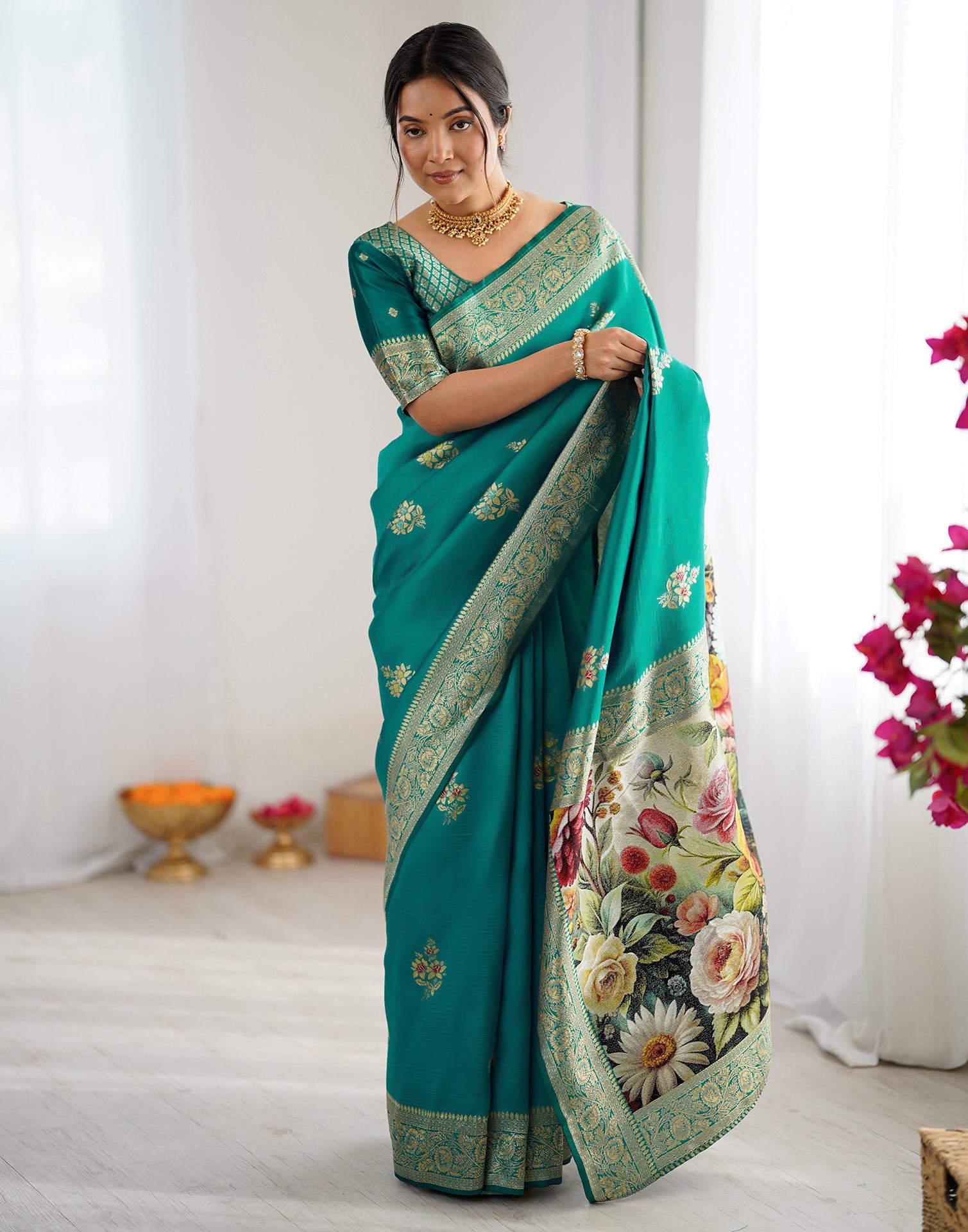 Teal Green Silk Woven Saree
