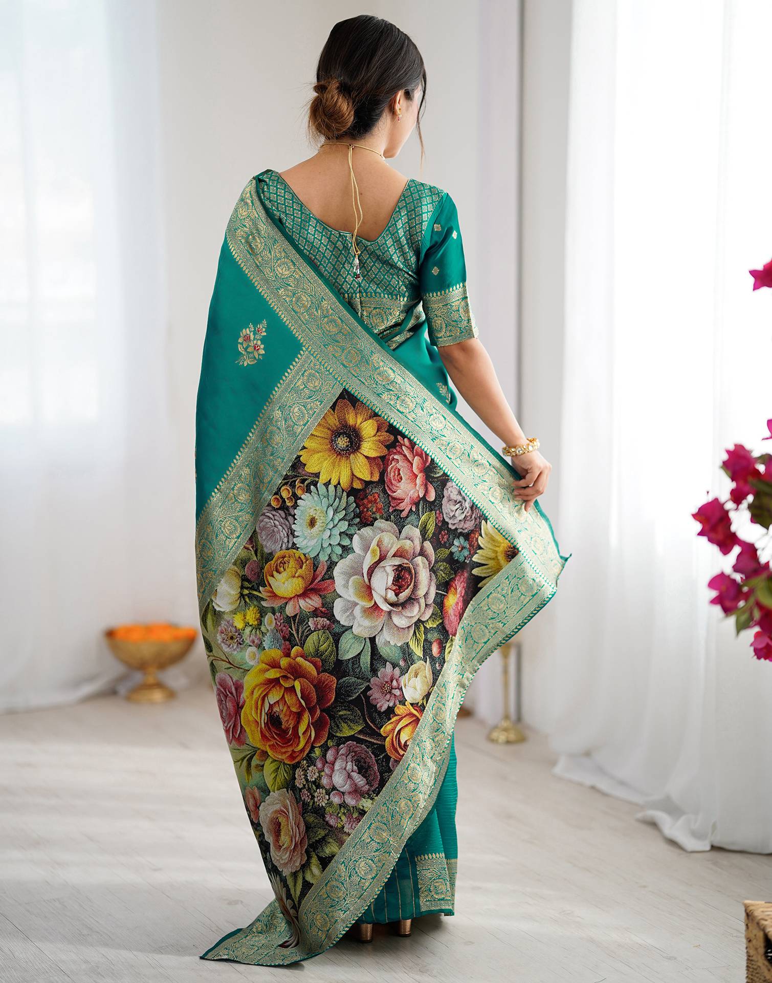 Teal Green Silk Woven Saree