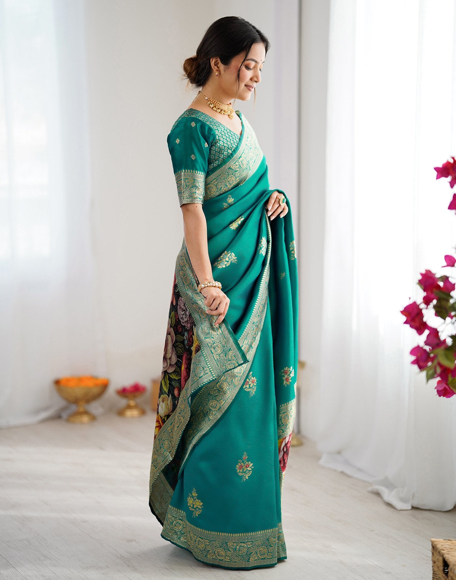 Teal Green Silk Woven Saree
