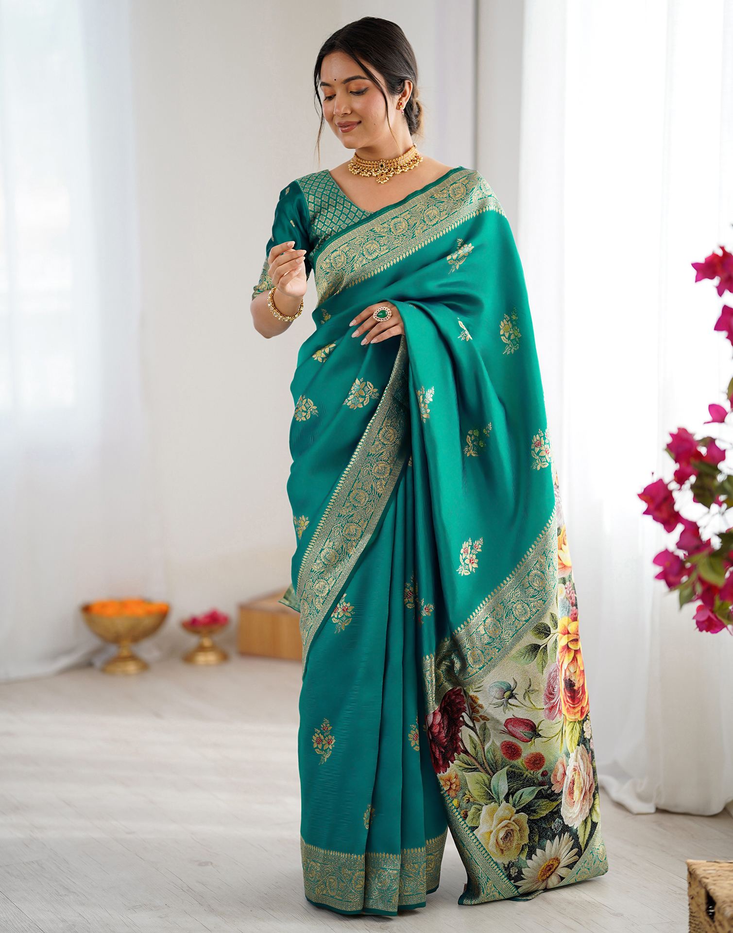Teal Green Silk Woven Saree