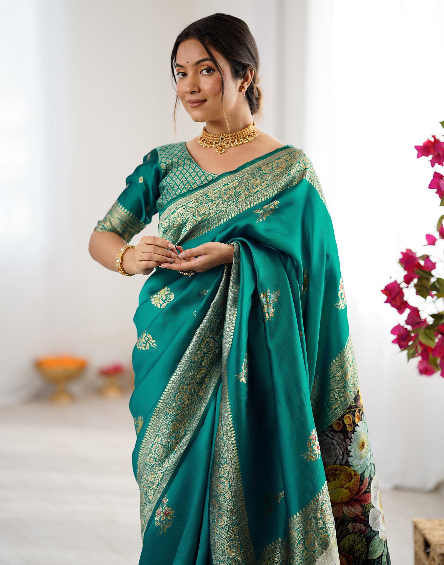 Teal Green Silk Woven Saree