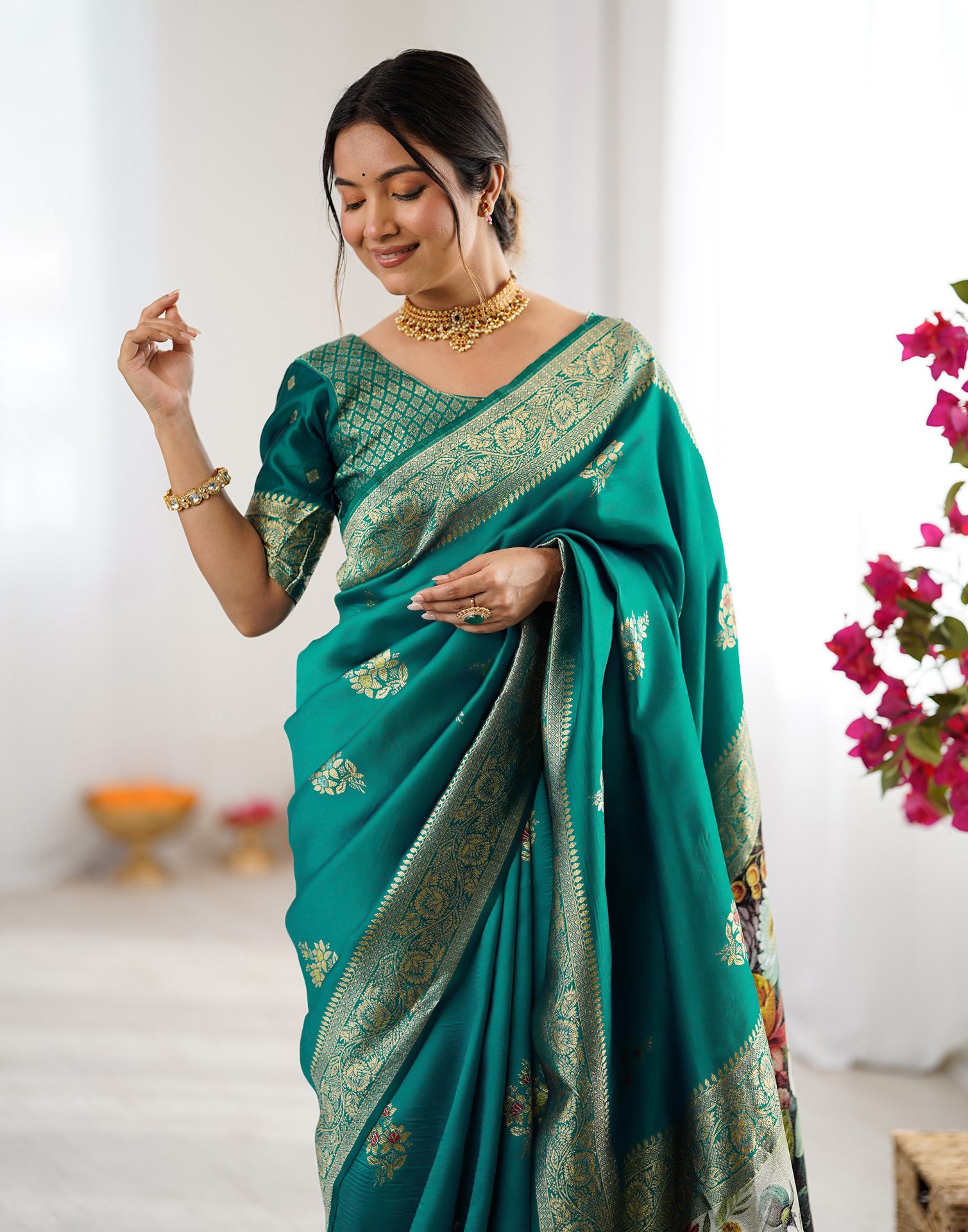 Teal Green Silk Woven Saree