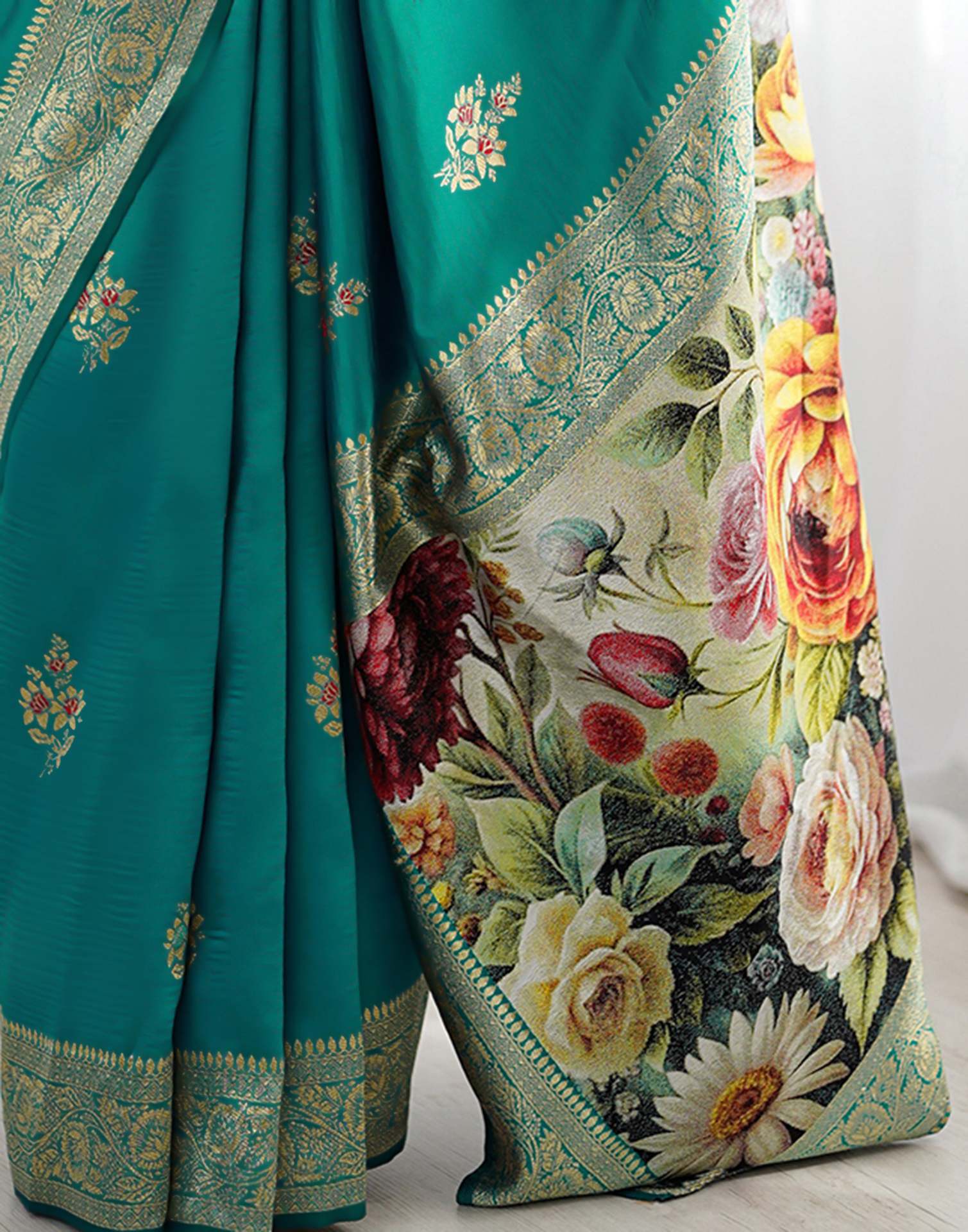 Teal Green Silk Woven Saree