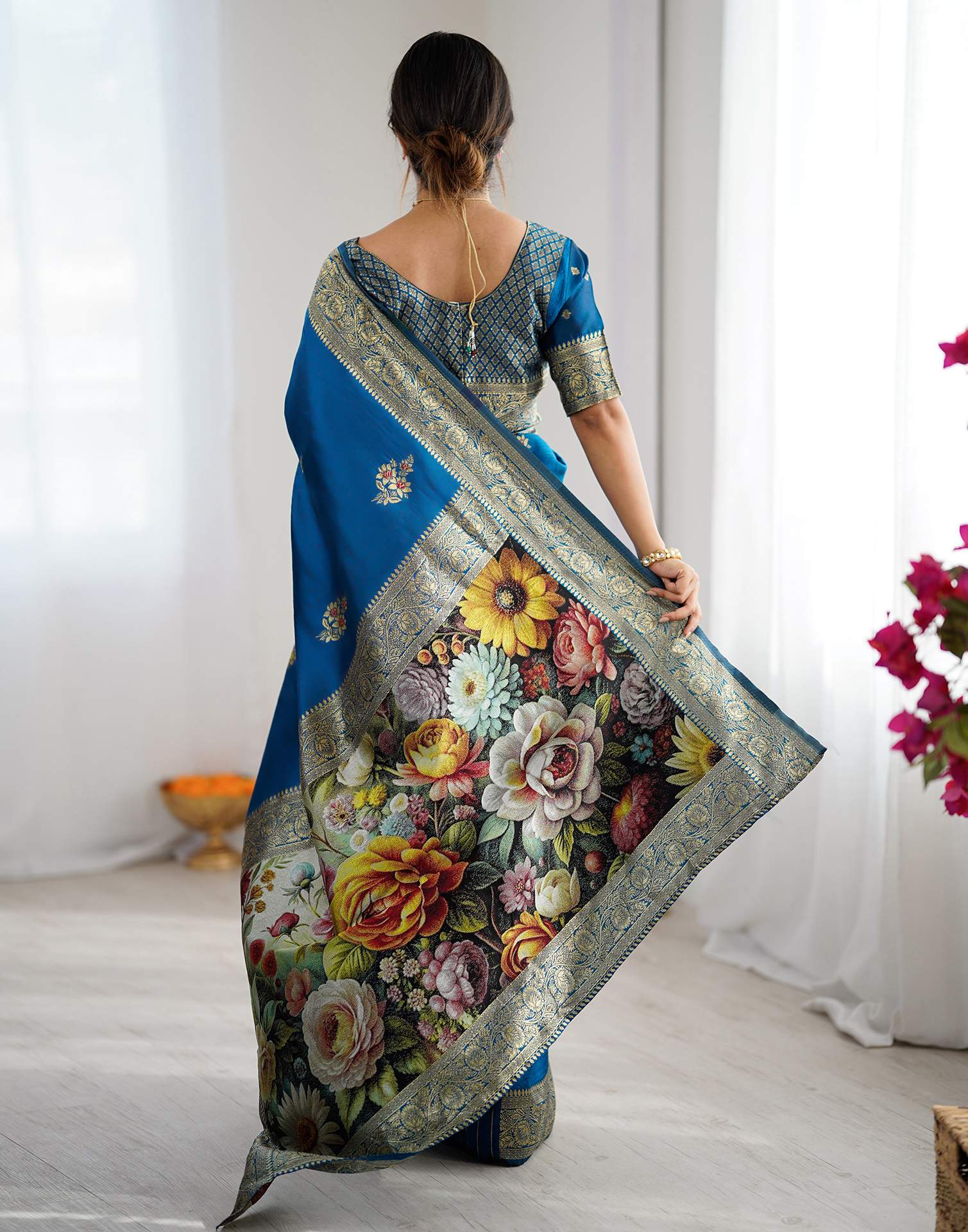 Teal Blue Silk Woven Saree