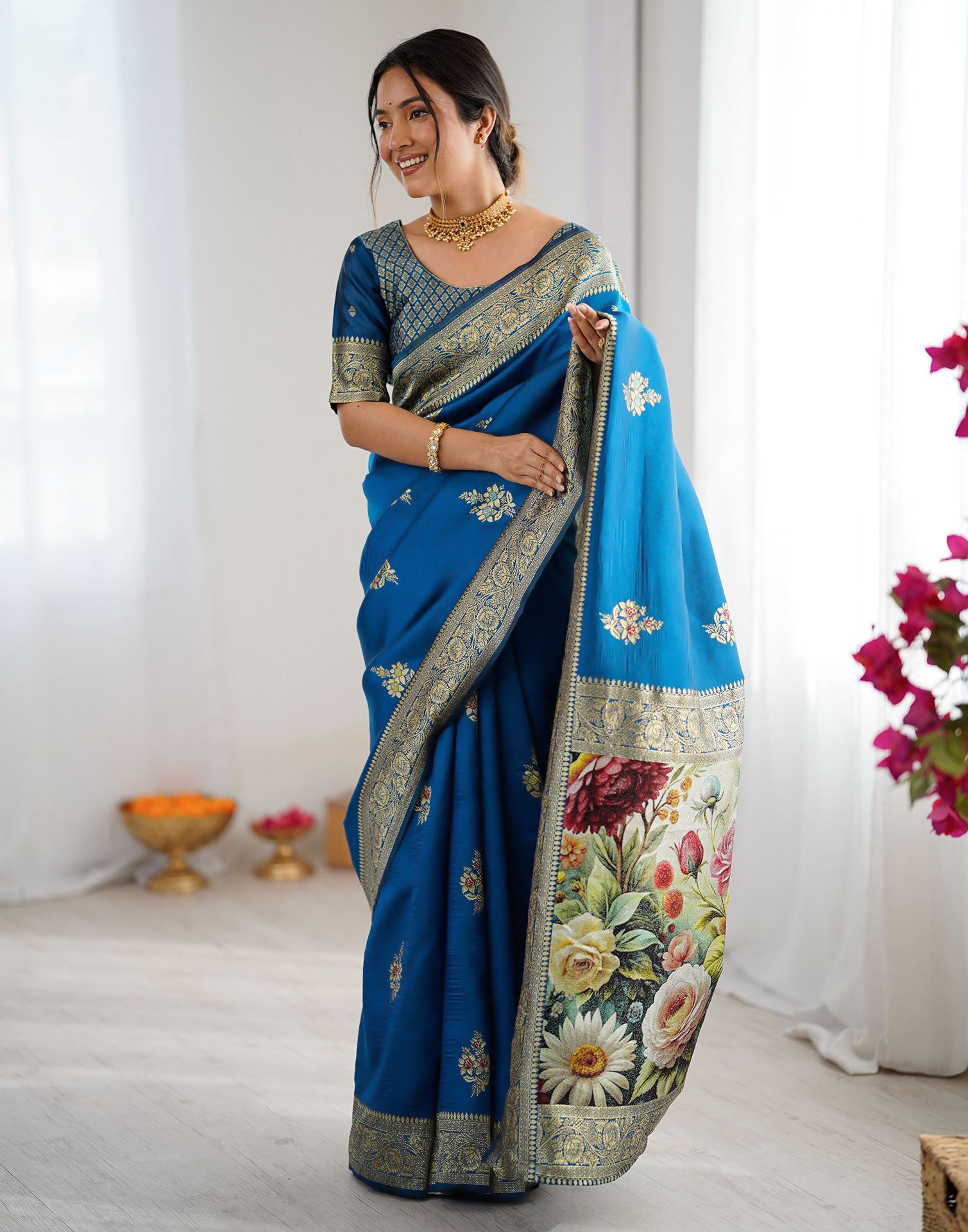 Teal Blue Silk Woven Saree