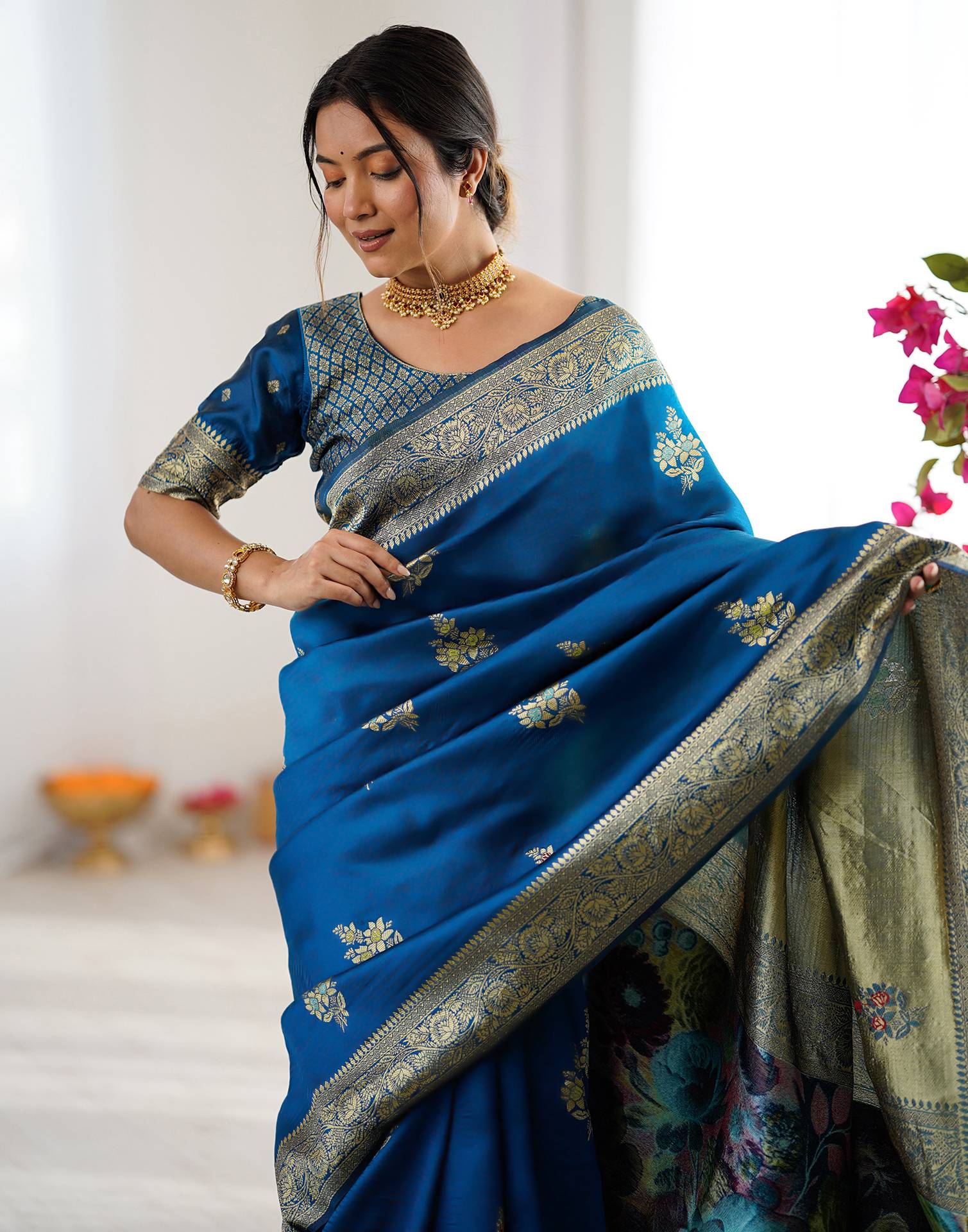 Teal Blue Silk Woven Saree