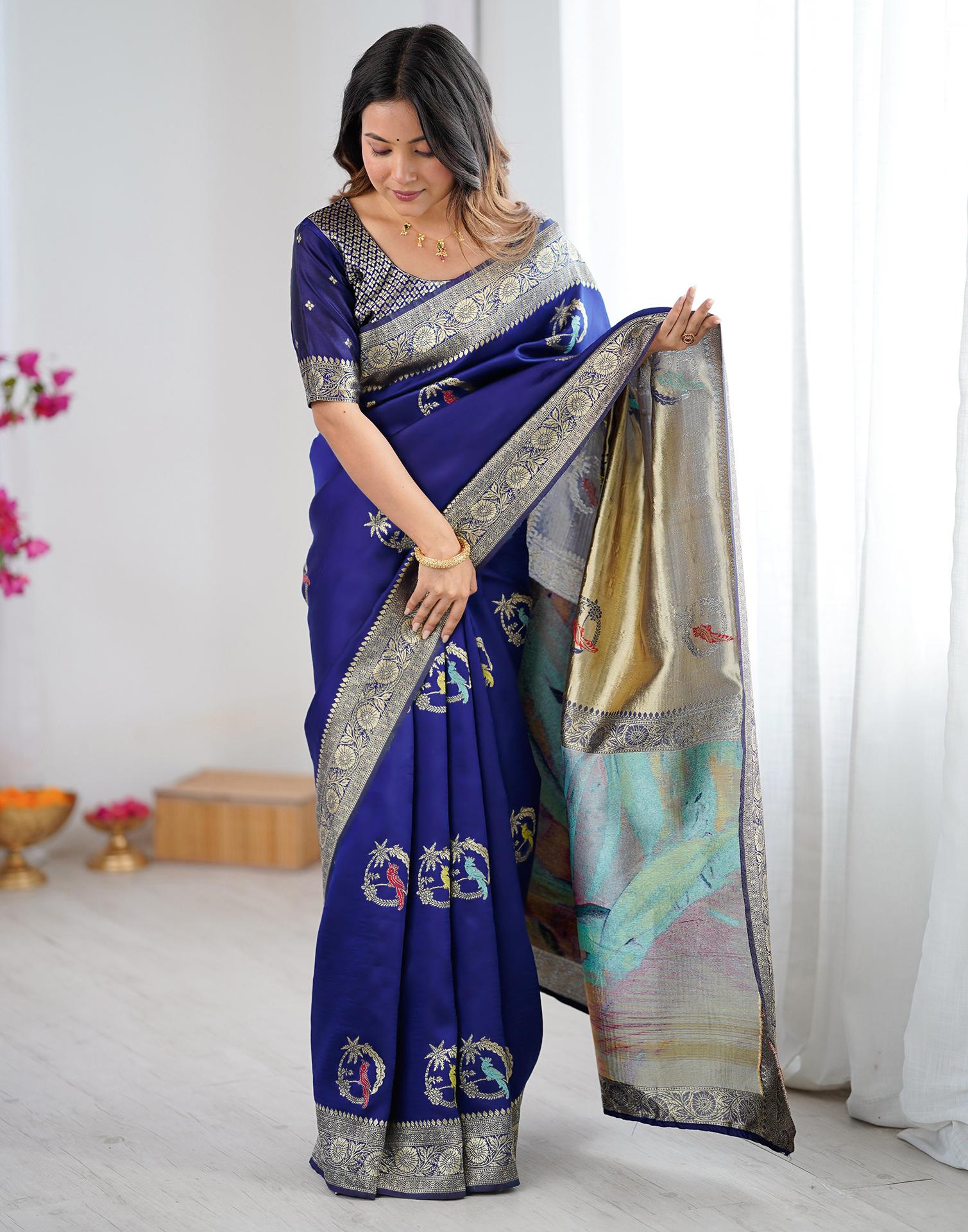 Navy Blue Silk Woven Saree