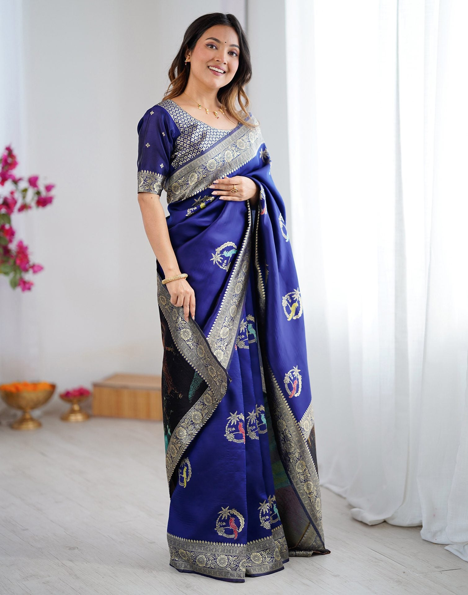 Navy Blue Silk Woven Saree
