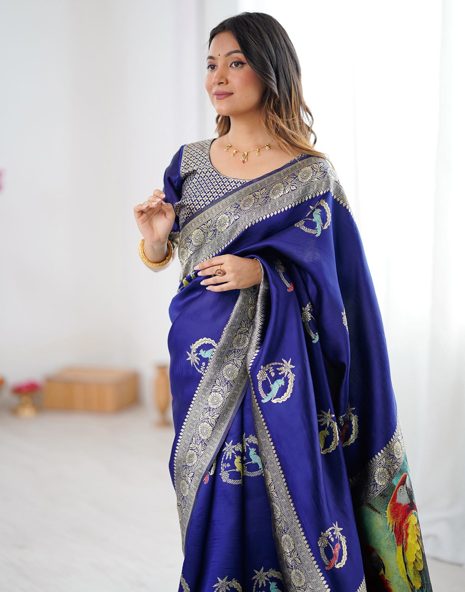 Navy Blue Silk Woven Saree