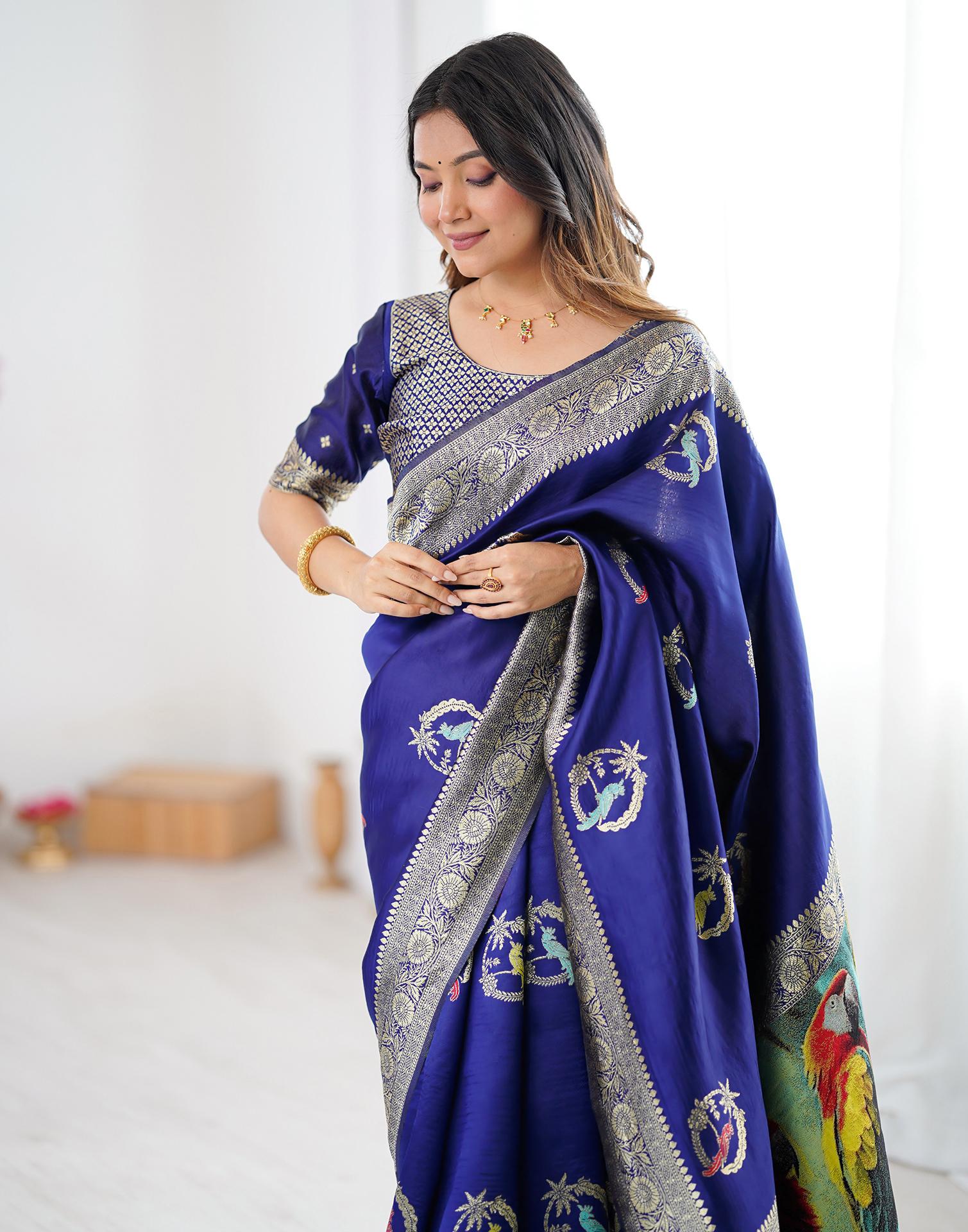 Navy Blue Silk Woven Saree