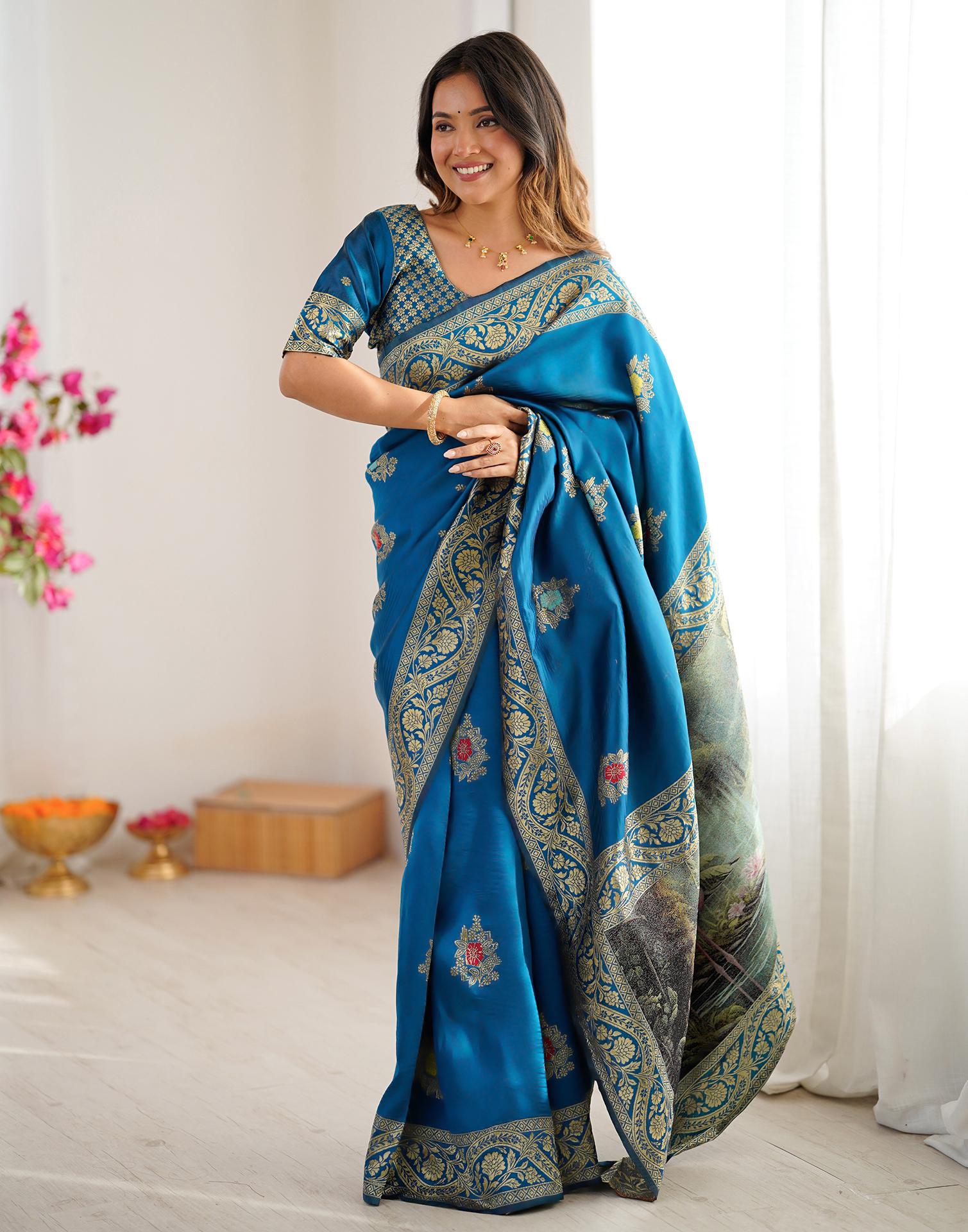 Teal Blue Silk Woven Saree