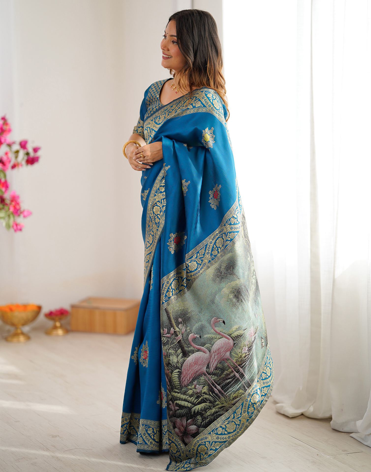 Teal Blue Silk Woven Saree