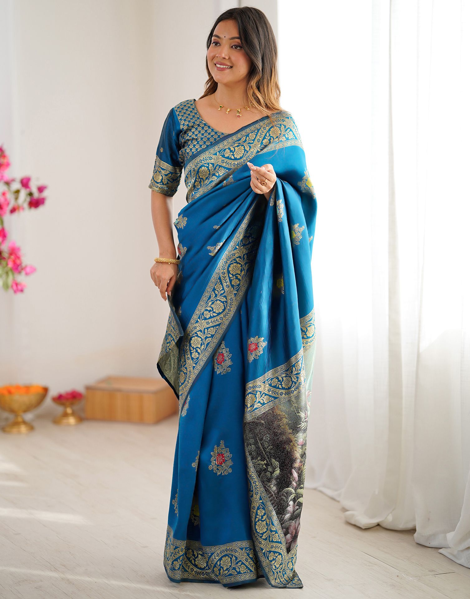 Teal Blue Silk Woven Saree