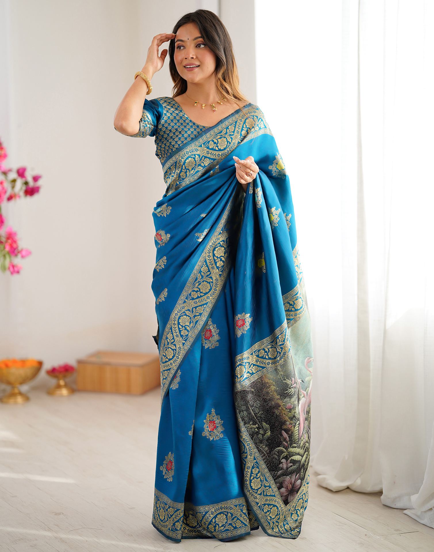 Teal Blue Silk Woven Saree
