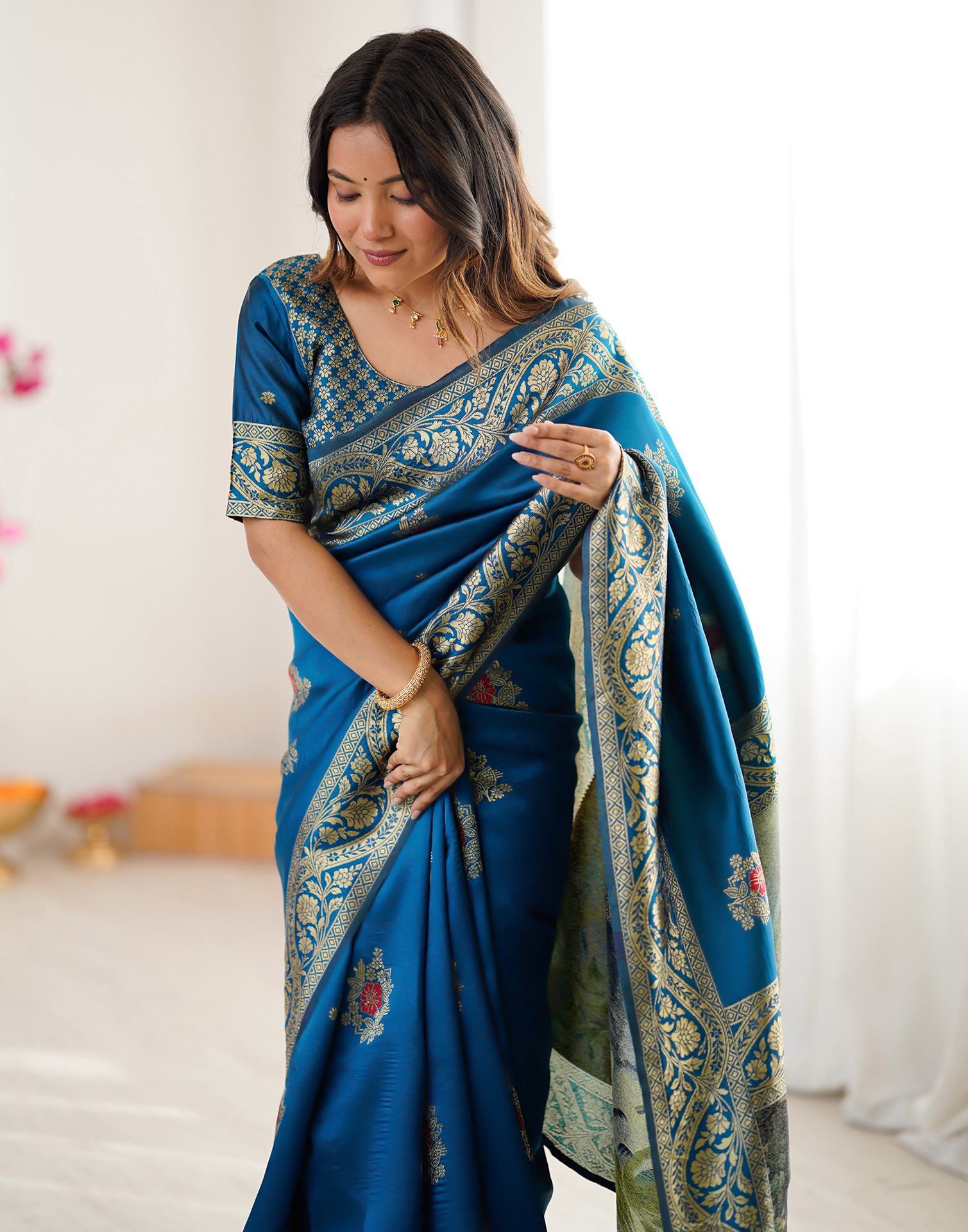 Teal Blue Silk Woven Saree