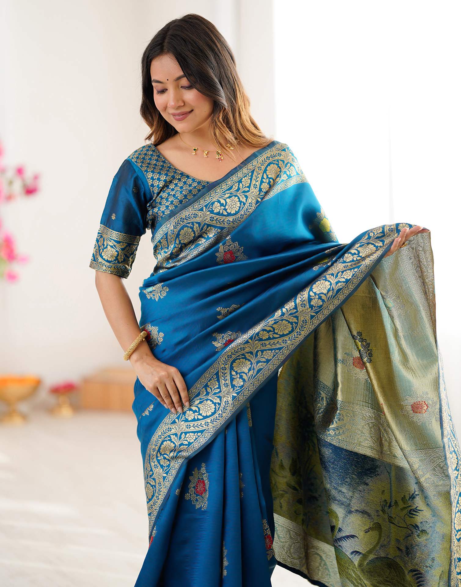 Teal Blue Silk Woven Saree