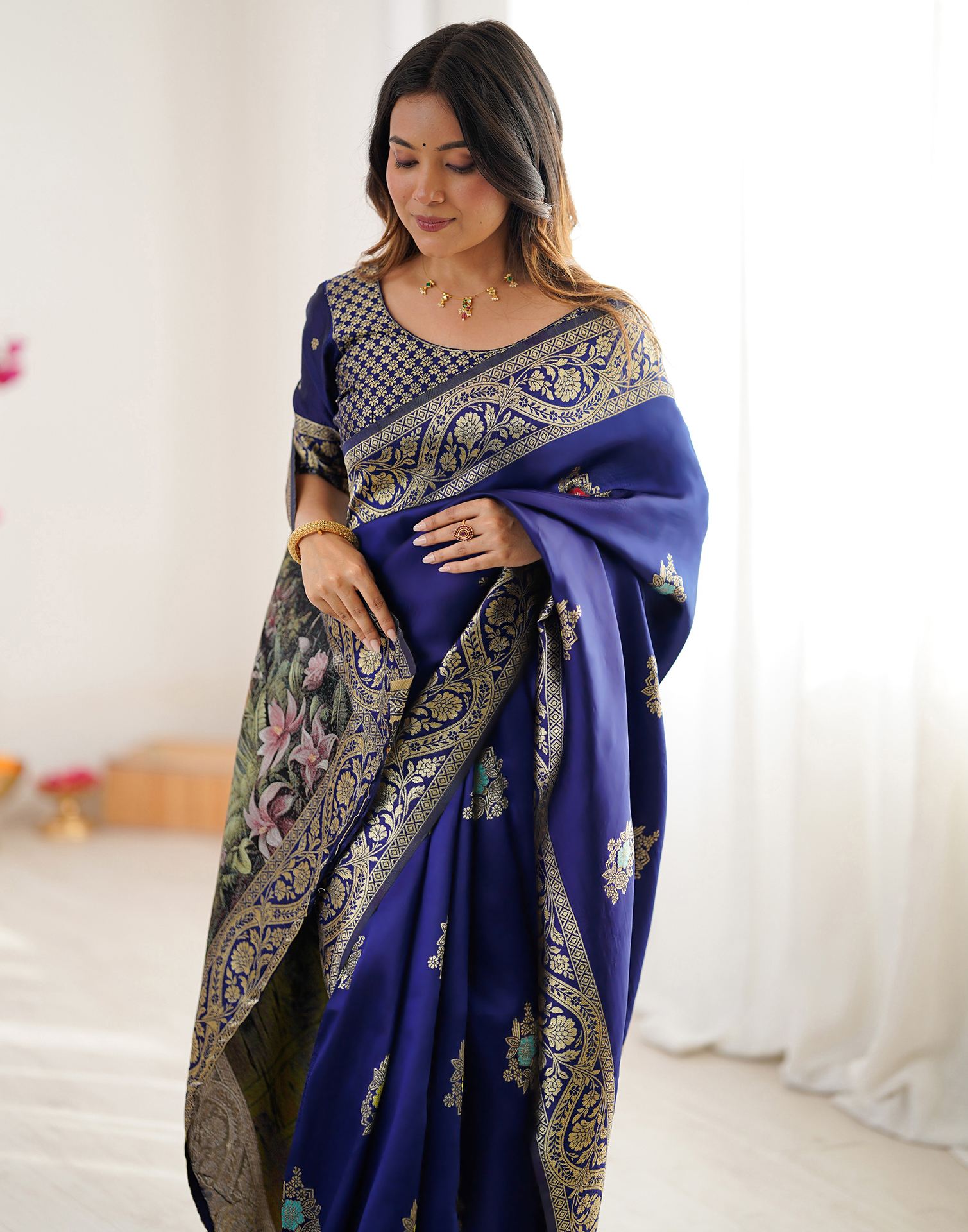 Navy Blue Silk Woven Saree