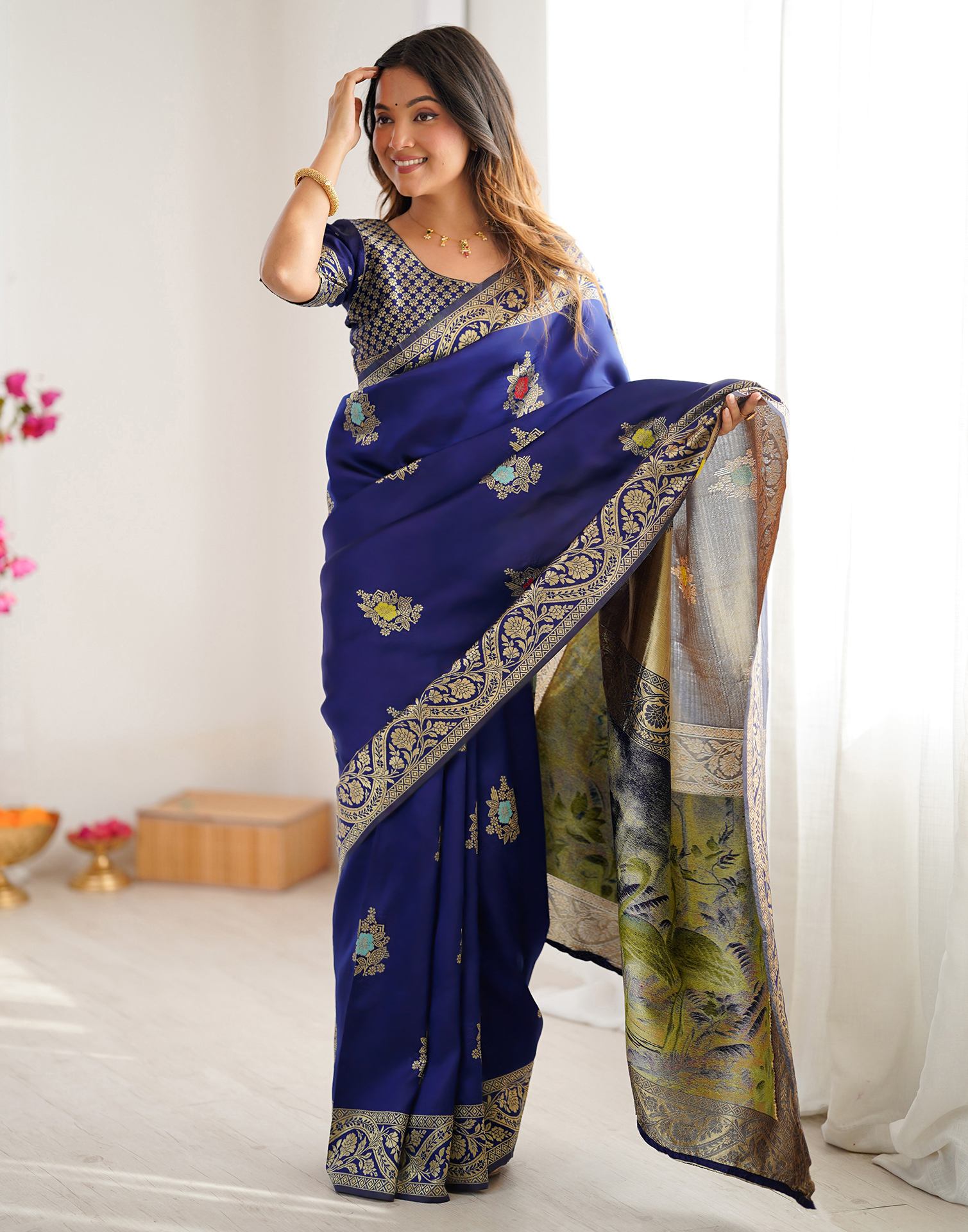 Navy Blue Silk Woven Saree