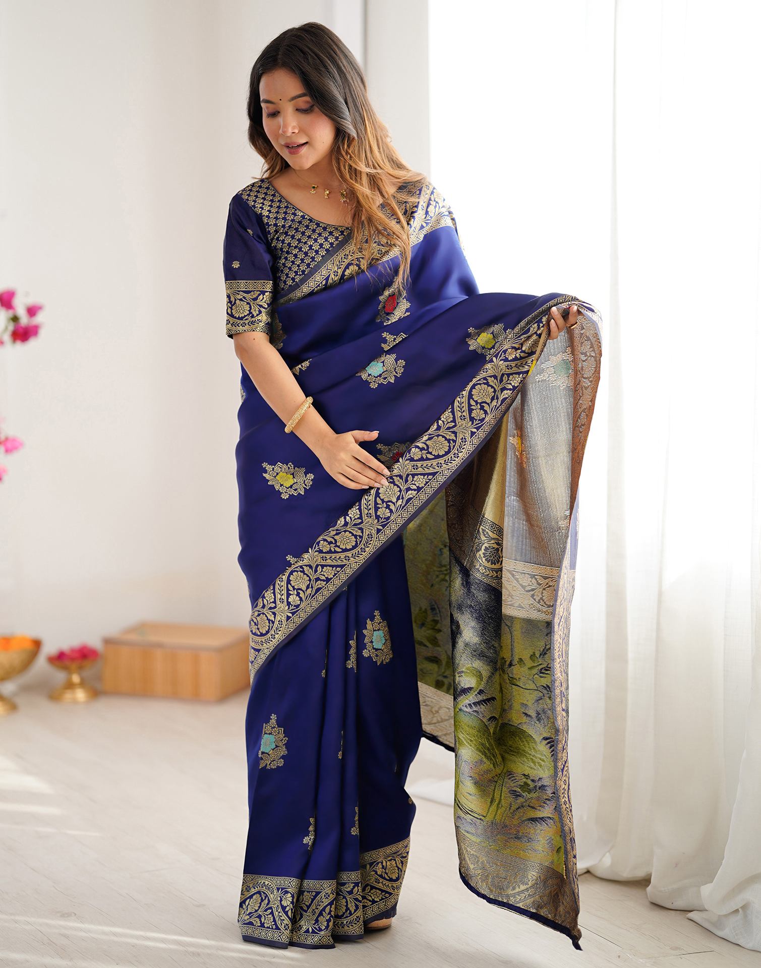 Navy Blue Silk Woven Saree