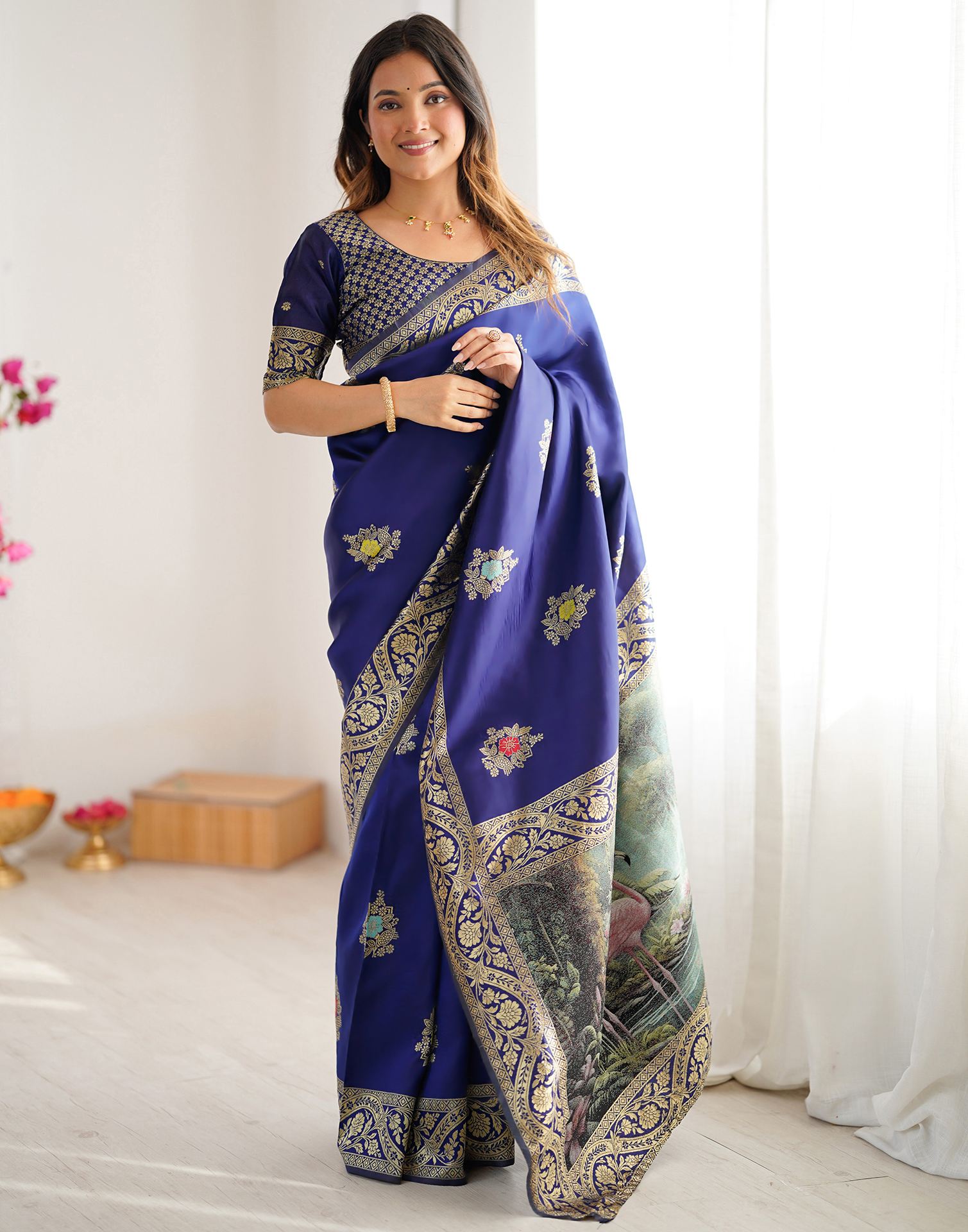 Navy Blue Silk Woven Saree