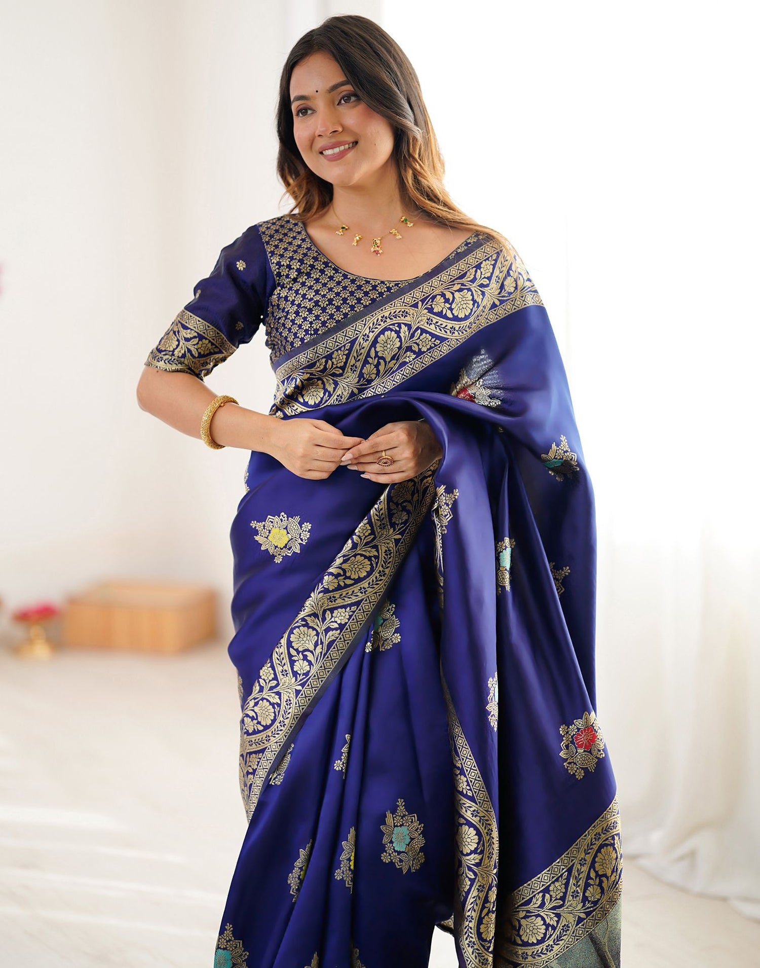 Navy Blue Silk Woven Saree