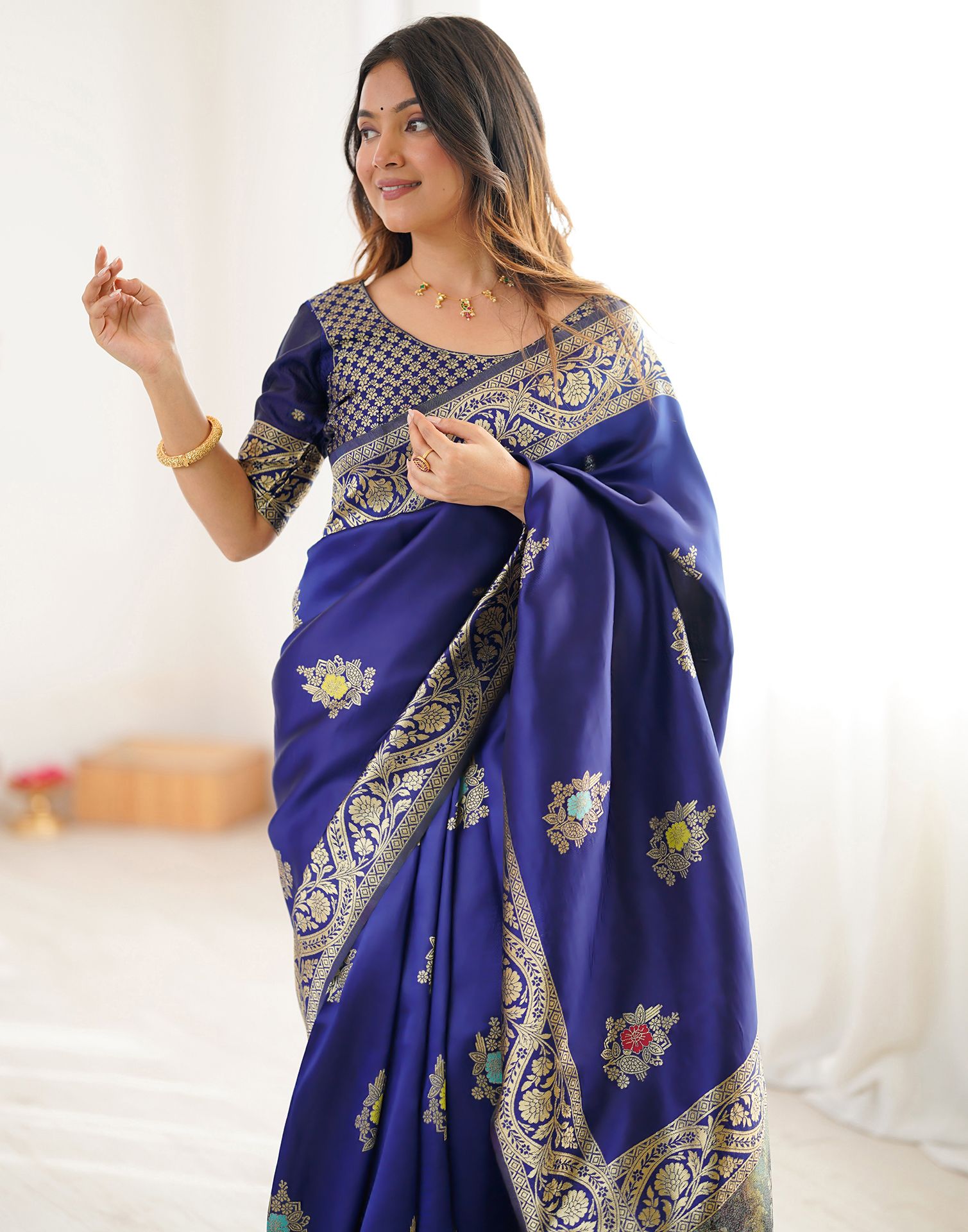 Navy Blue Silk Woven Saree