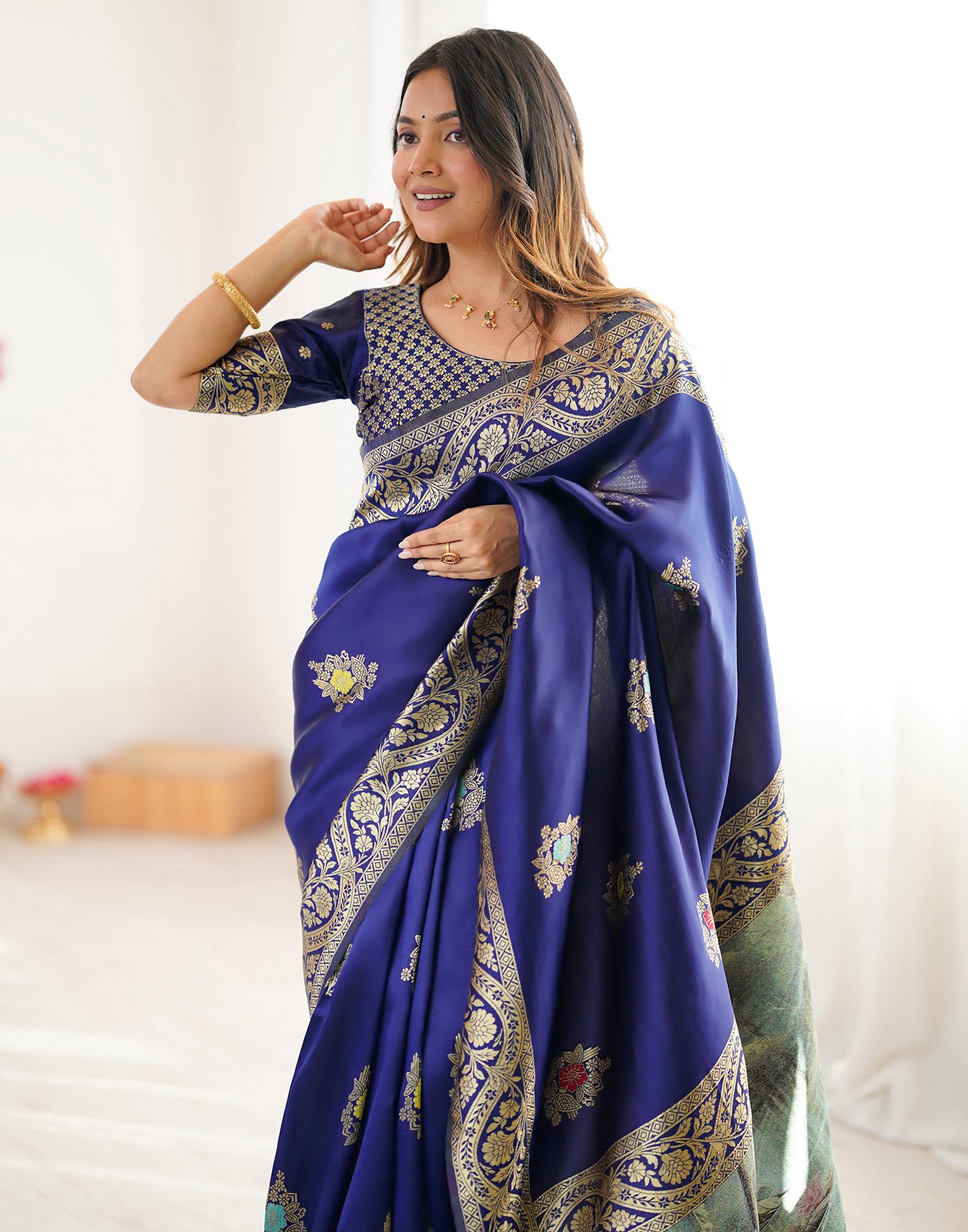 Navy Blue Silk Woven Saree