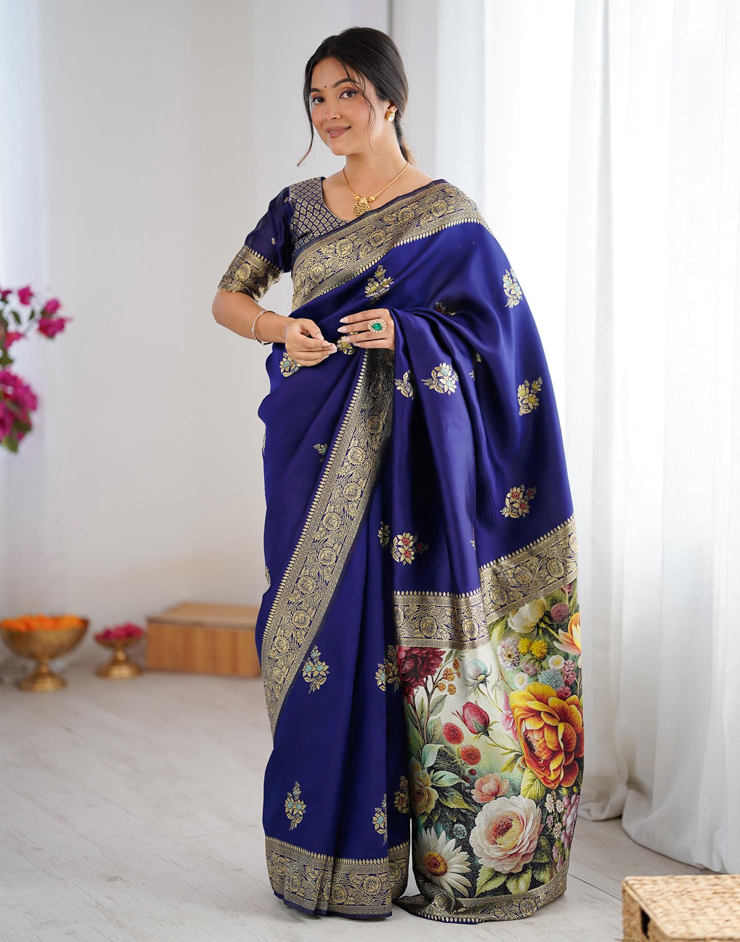 Navy Blue Silk Woven Saree