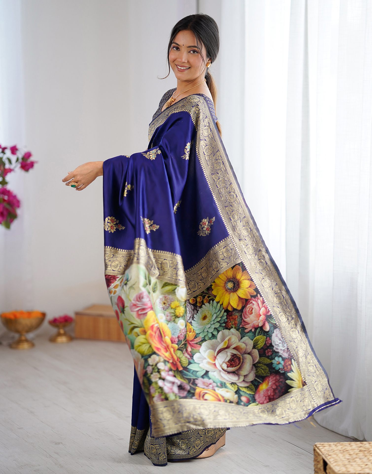 Navy Blue Silk Woven Saree