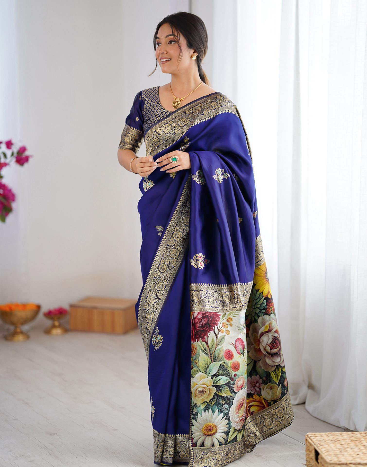 Navy Blue Silk Woven Saree