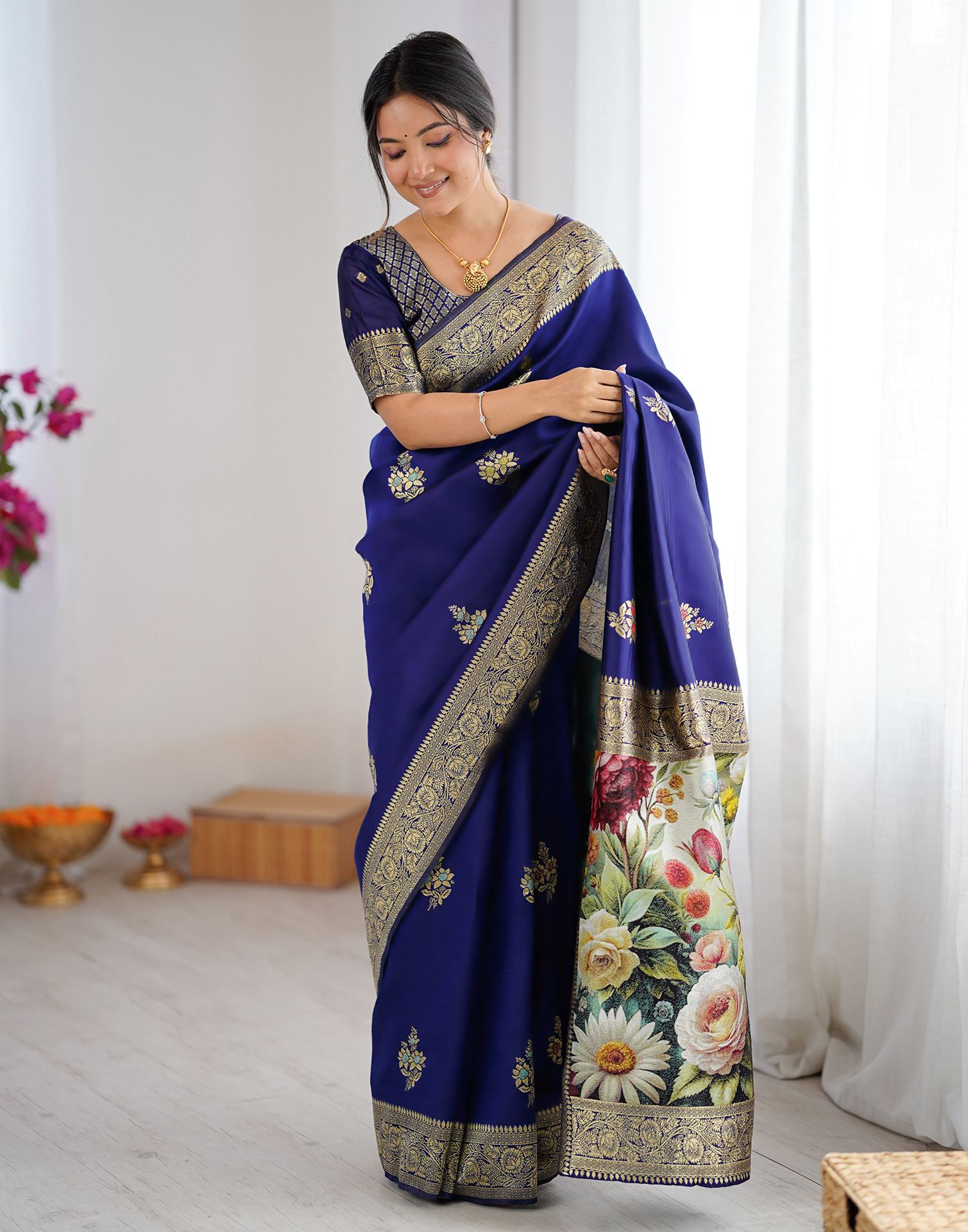 Navy Blue Silk Woven Saree