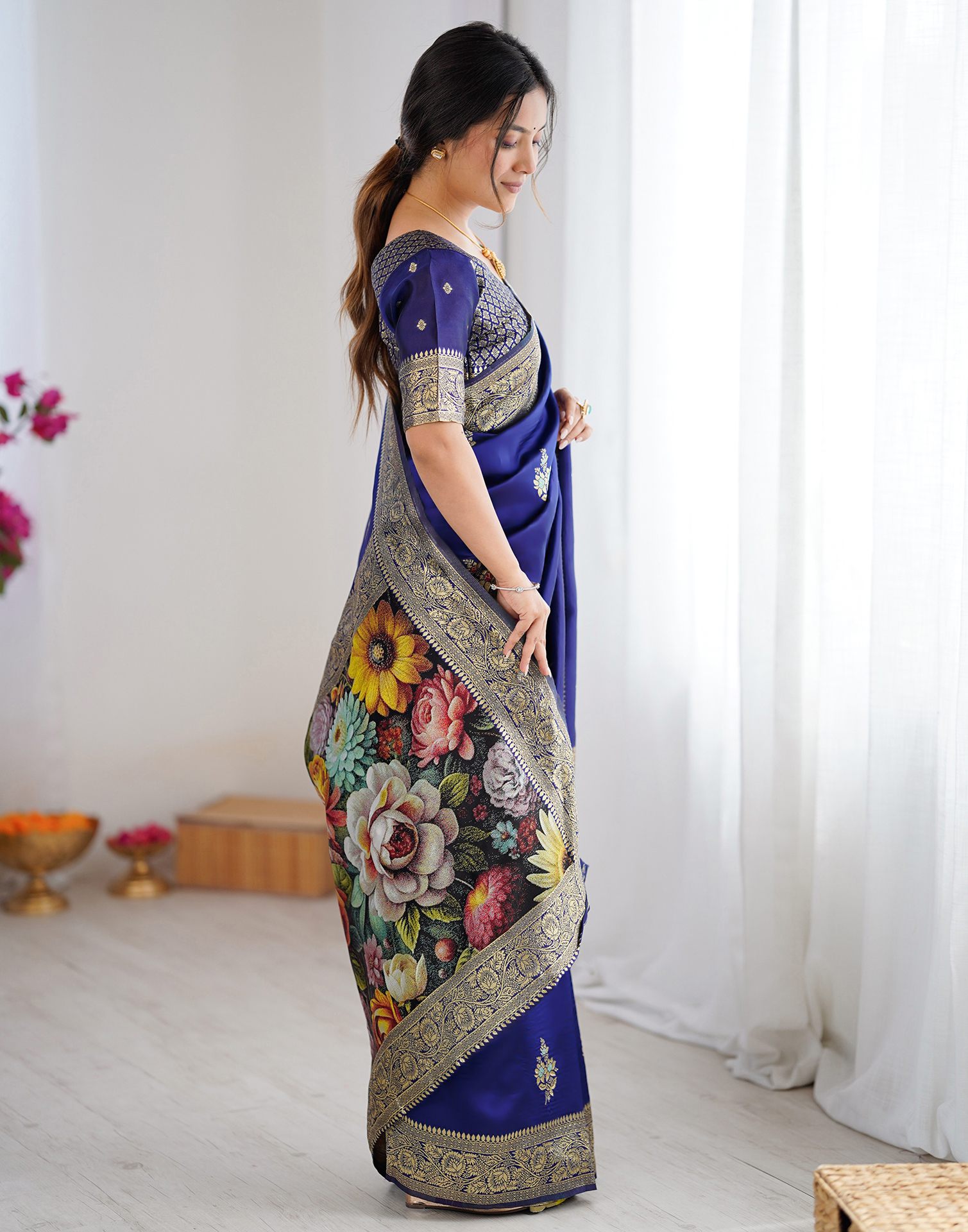 Navy Blue Silk Woven Saree