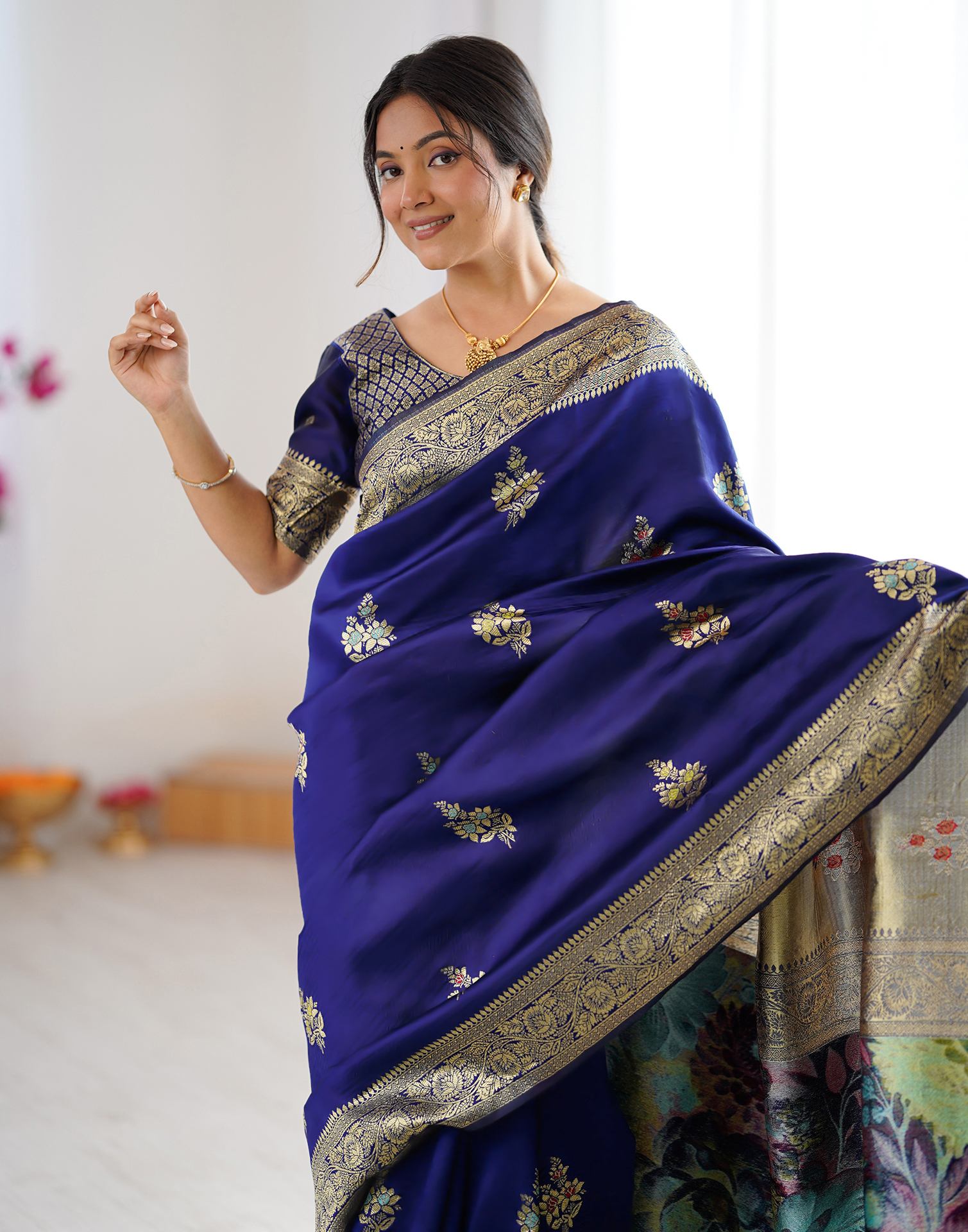 Navy Blue Silk Woven Saree