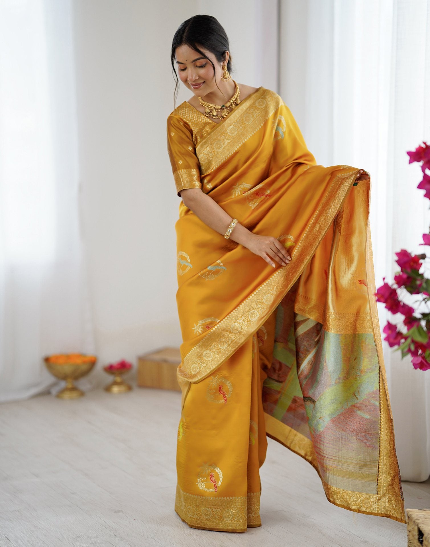 Yellow Silk Woven Saree