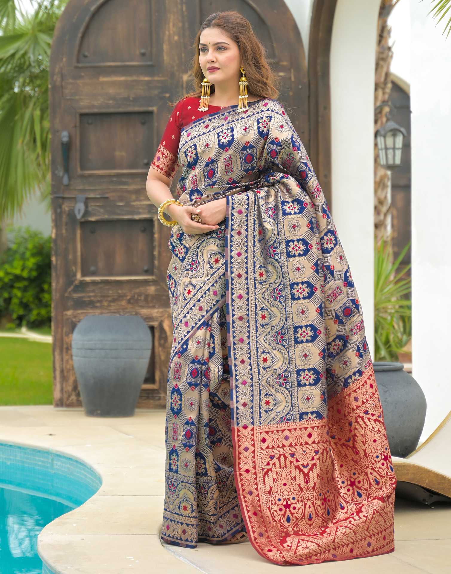 Navy Blue Silk Woven Banarasi Saree