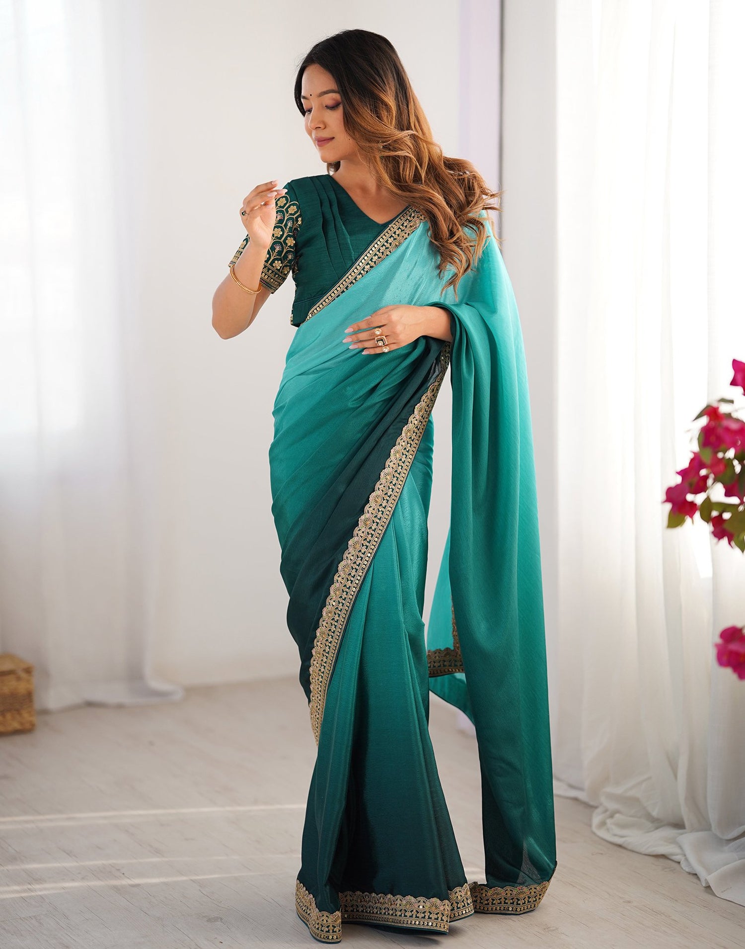 Green Chinnon Sequence Lace Saree