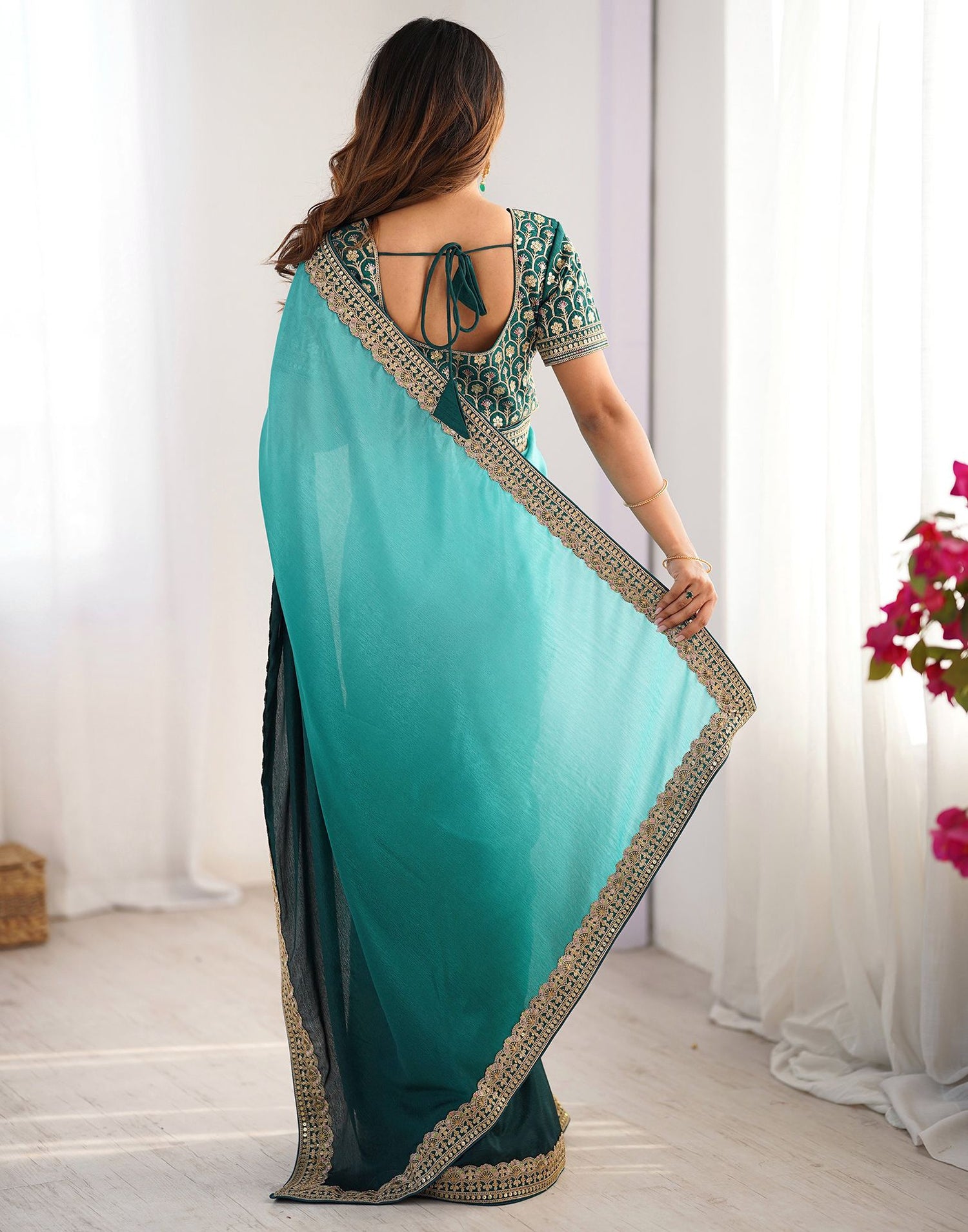 Green Chinnon Sequence Lace Saree