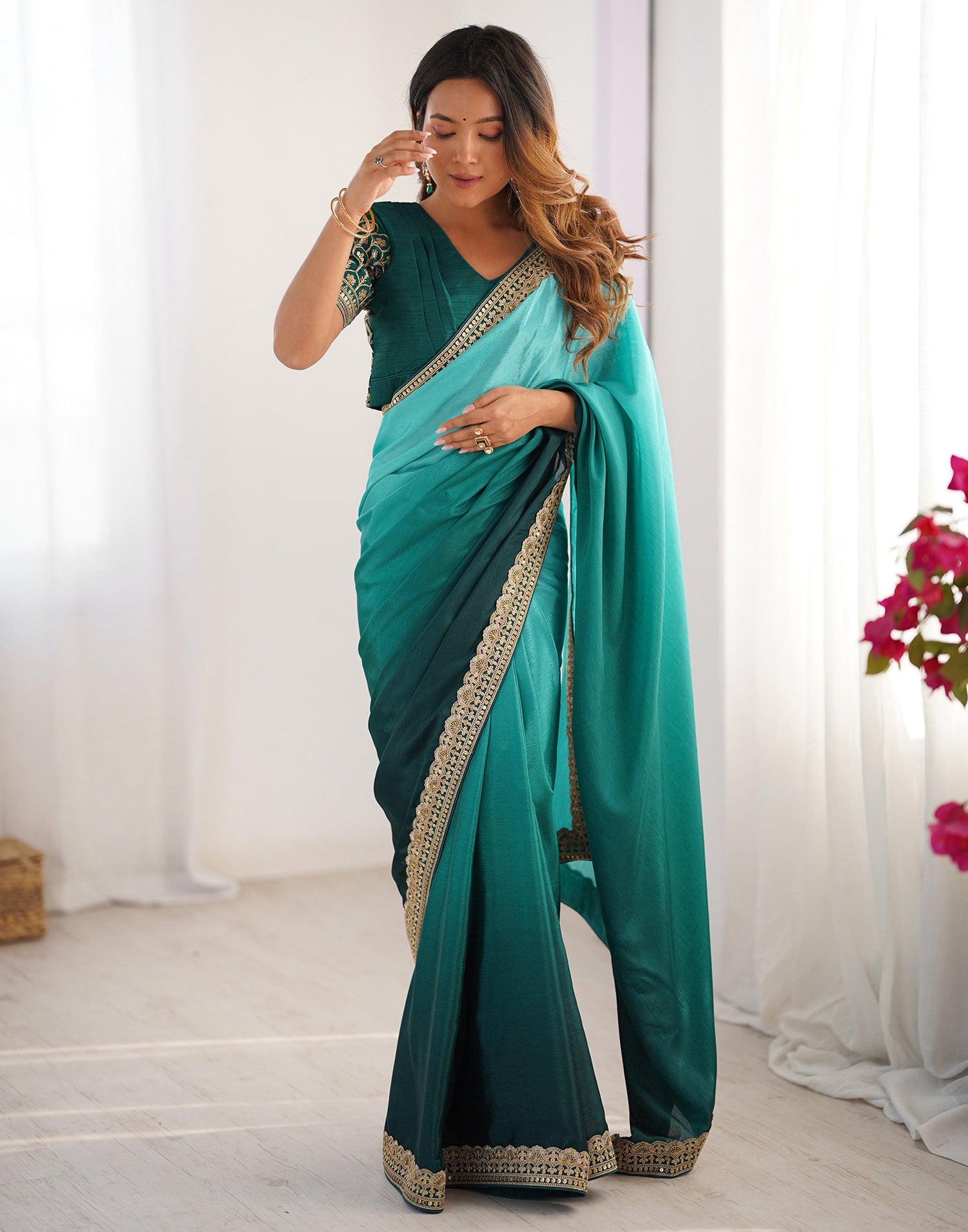 Green Chinnon Sequence Lace Saree