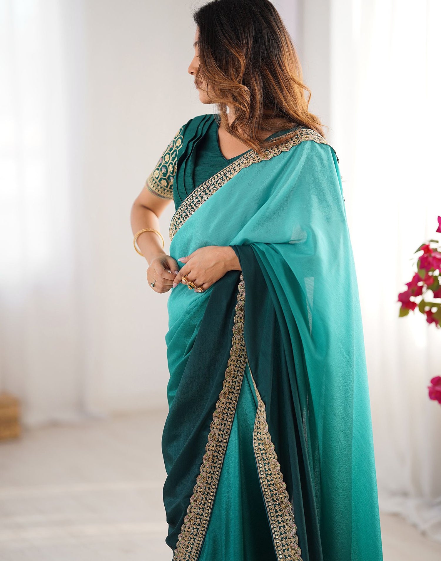 Green Chinnon Sequence Lace Saree
