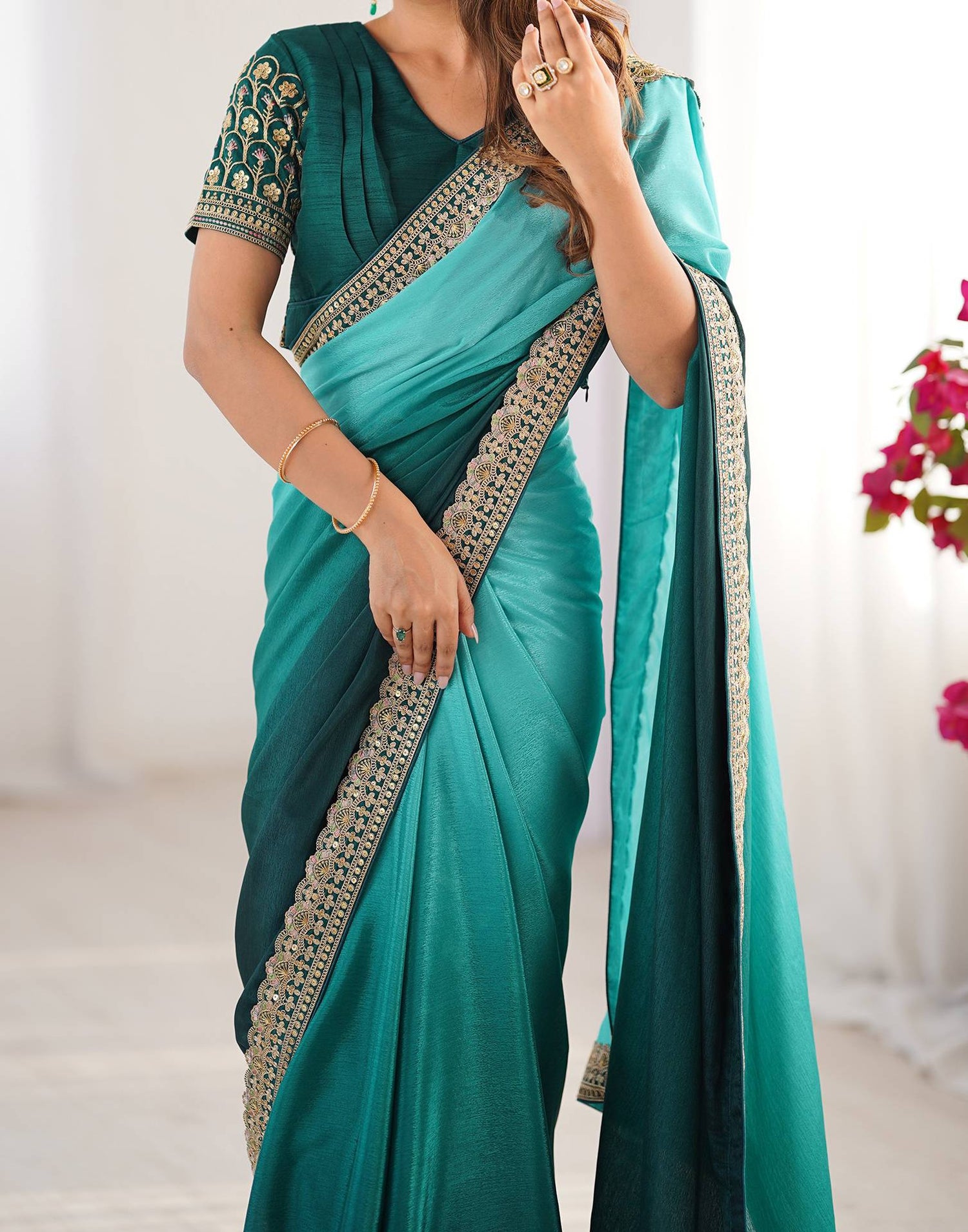 Green Chinnon Sequence Lace Saree