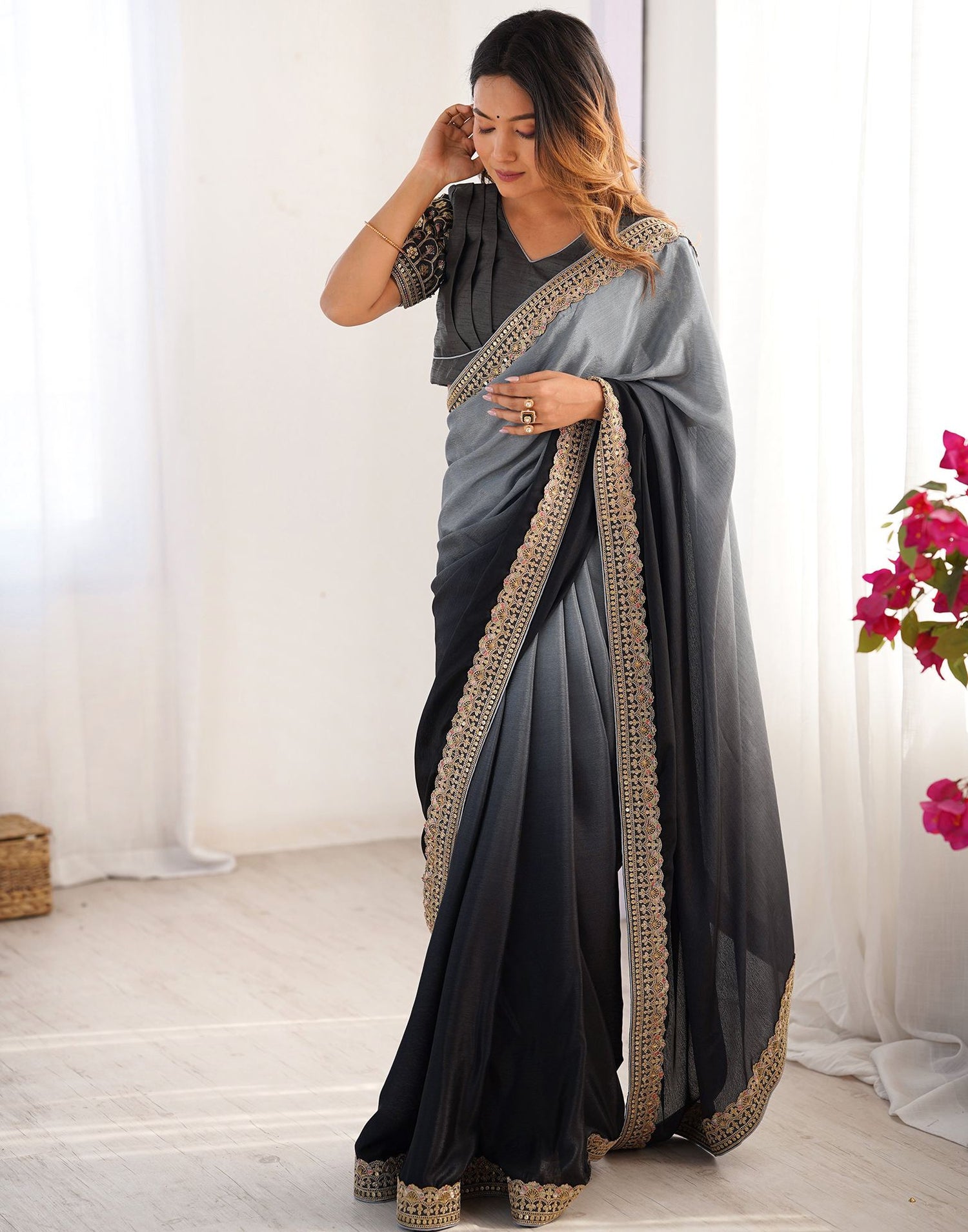 Black Chinnon Sequence Lace Saree